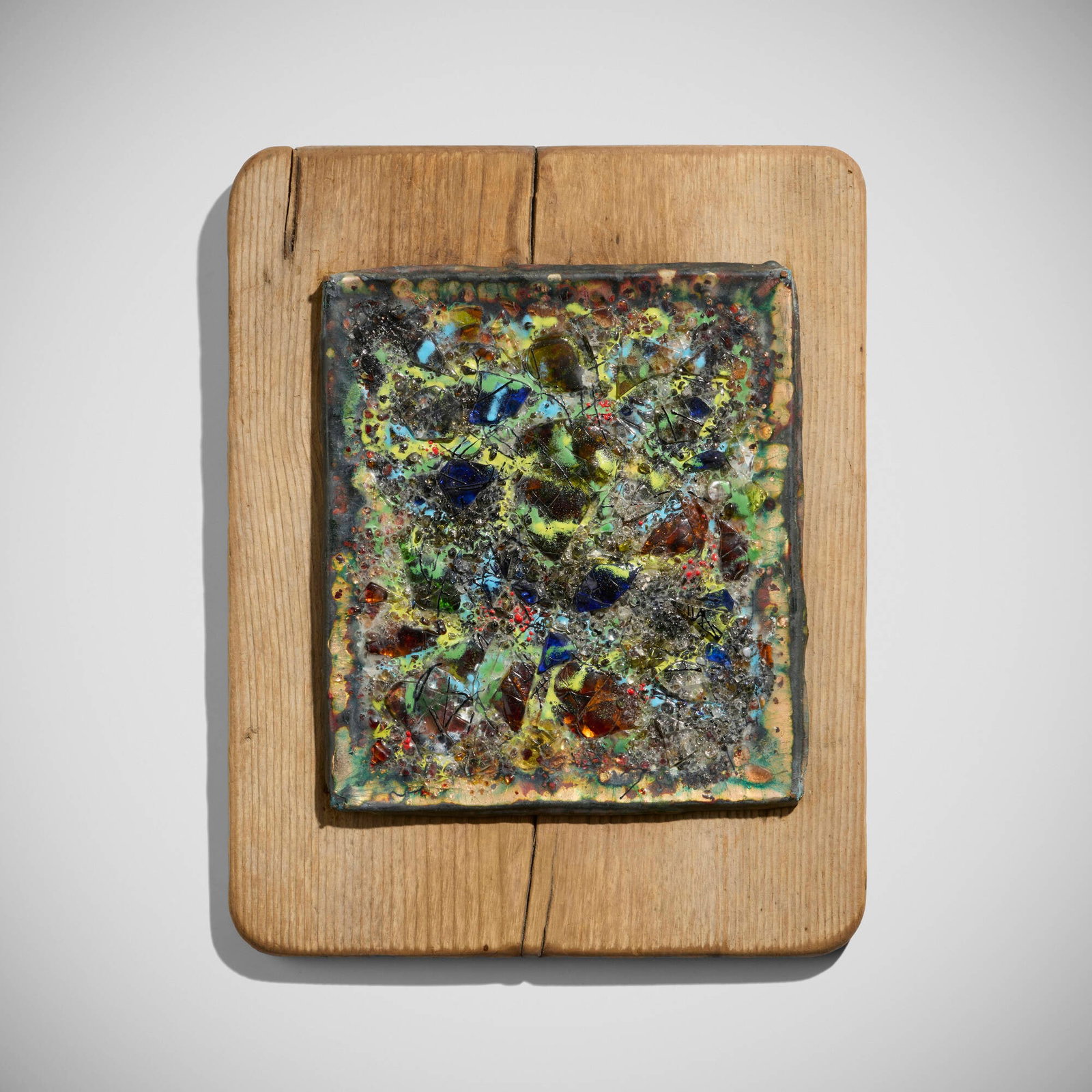 Leon Holub, Untitled (wall panel): Leon Holub Untitled (wall panel) 1962 enameled and fused glass, enameled metal, found wood 14.5 h x 11.5 w x 1.25 d in (37 x 29 x 3 cm) Signed, dated, and inscribed to reverse 'Leon Holub 177 Pen