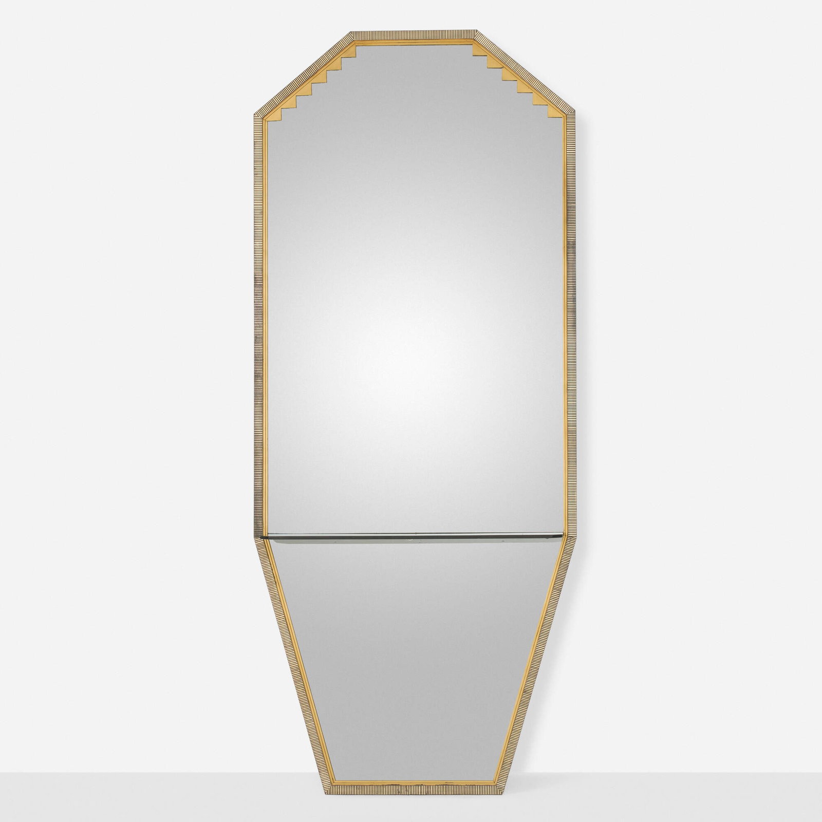 Art Deco, Large wall mirror with shelf: Art Deco Large wall mirror with shelf France, c. 1930 gilt metal, mirrored glass, Bakelite 84.25 h x 36 w x 7.5 d in (214 x 91 x 19 cm) Mirror features a floating shelf. Provenance: Collectio