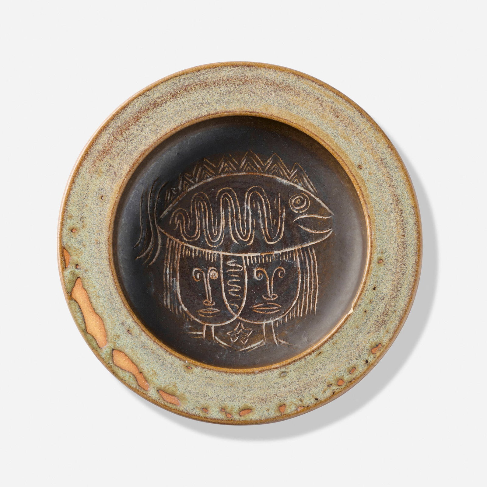 Edwin and Mary Scheier, Plate: Edwin and Mary Scheier Plate c. 1960 glazed stoneware 1.5 h x 7 dia in (4 x 18 cm) Incised signature to underside 'Scheier'. Provenance: Collection of Mark McDonald This work will ship from