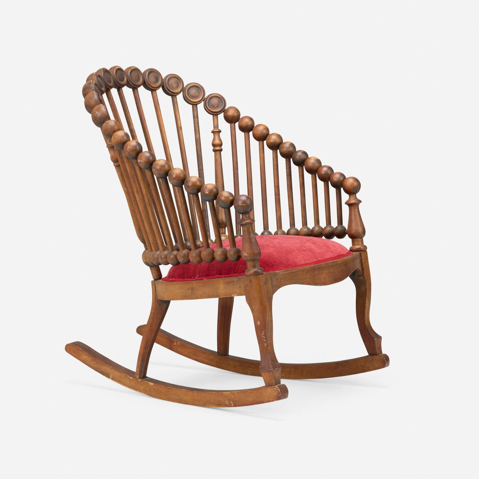 George Hunzinger, Lollipop rocking chair: George Hunzinger Lollipop rocking chair Germany, c. 1885 walnut, upholstery 33 h x 25.5 w x 29 d in (84 x 65 x 74 cm) Provenance: Collection of Mark McDonald This work will ship from Lambertville,