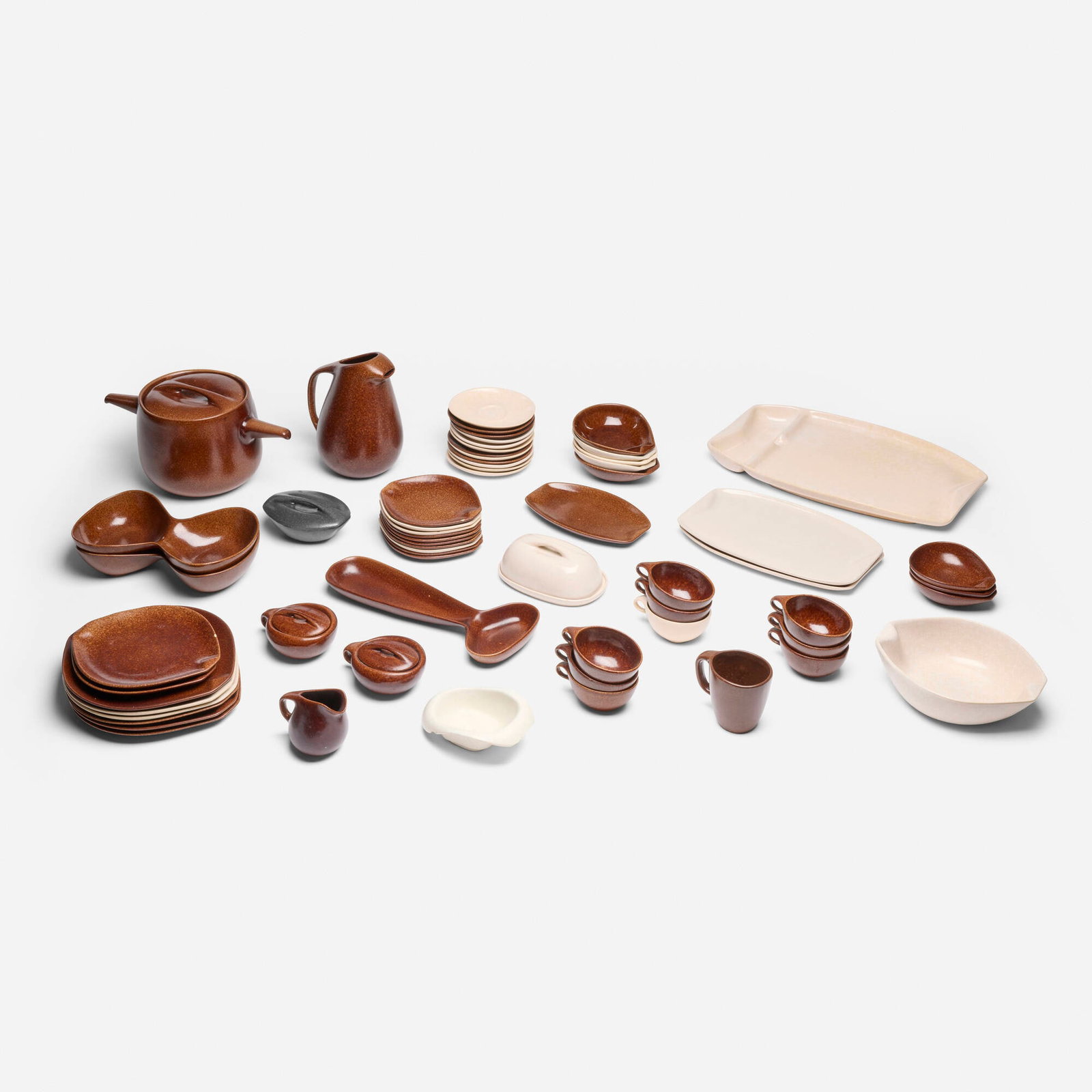 Ben Seibel, Collection of Raymor Modern Stoneware dinnerware: Ben Seibel Collection of Raymor Modern Stoneware dinnerware Roseville Pottery Company USA, 1952 glazed stoneware tallest (pitcher): 10 h x 8 w x 6 d in (25 x 20 x 15 cm) shortest (saucer): 0.75 h x 6.