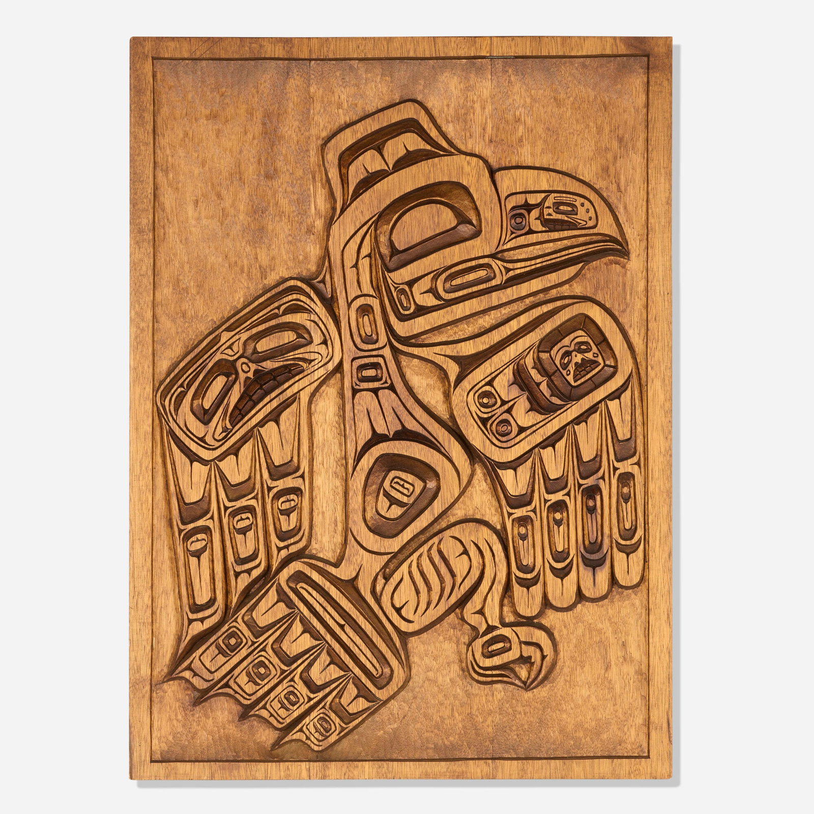 Richard Thomas, Raven Who Stole the Sun: Richard Thomas Raven Who Stole the Sun 1979 red cedar 37 h x 27 w x 0.75 d in (94 x 69 x 2 cm) Carved signature, title, and date to reverse 'Raven Who Stole the Sun R. Thomas 7-4-79'.