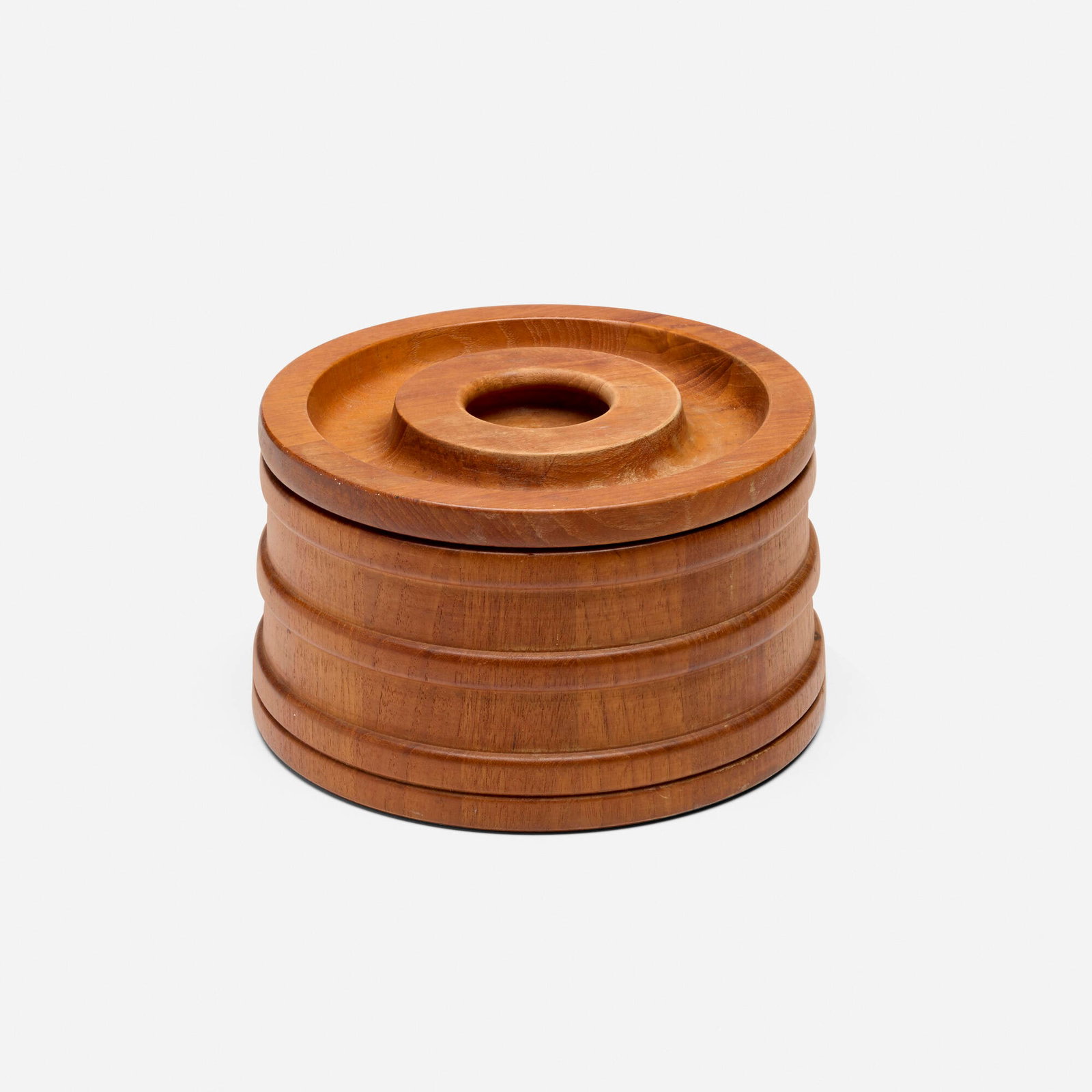 Jens Quistgaard, Ice bucket: Jens Quistgaard Ice bucket Dansk Denmark, c. 1959 teak 5.375 h x 9.375 dia in (14 x 24 cm) Branded manufacturer's mark to underside 'Dansk Designs Denmark IHQ'. Provenance: Collection