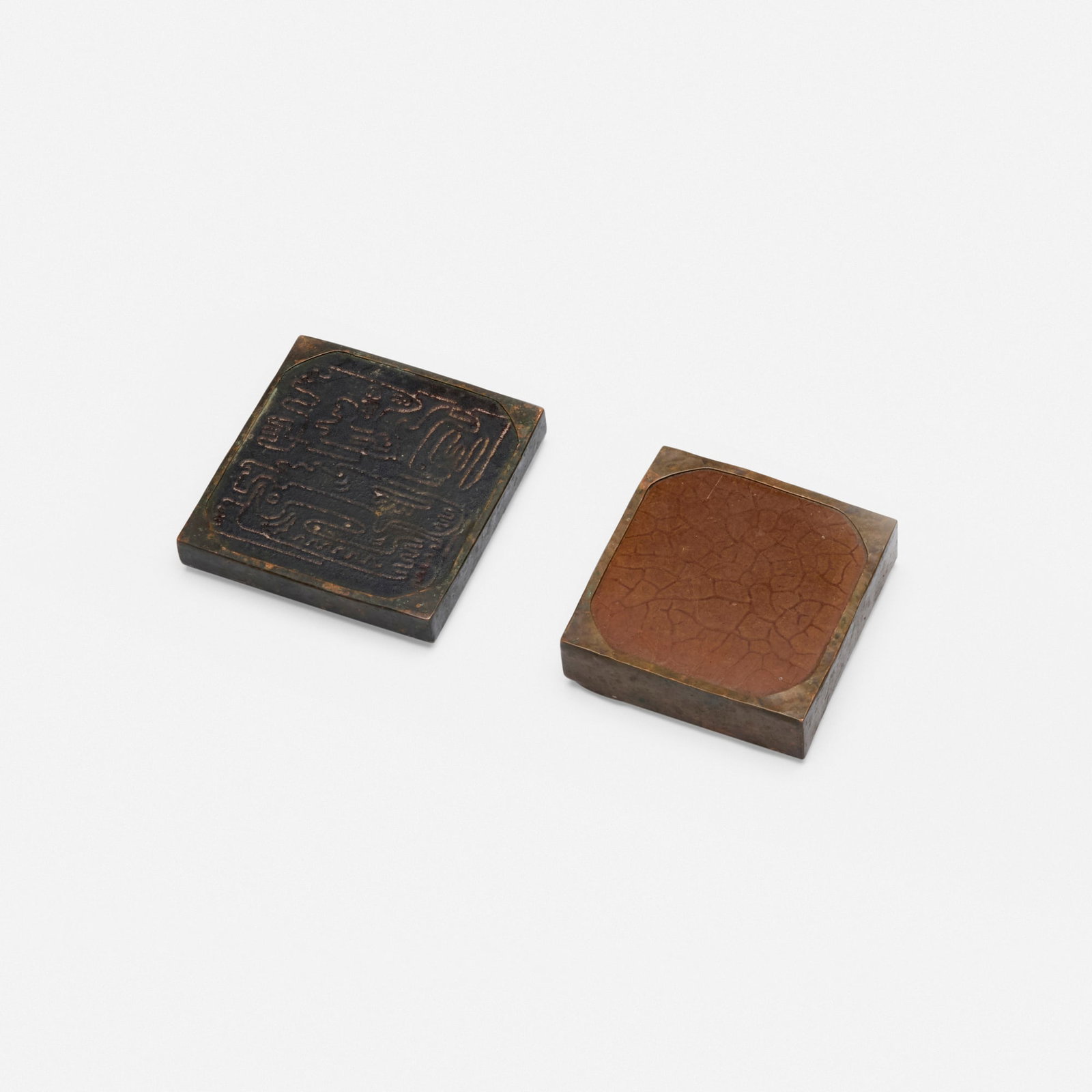 20th Century, Two tiles: 20th Century Two tiles glazed earthenware, copper 1 h x 4 w x 4 d in (3 x 10 x 10 cm) 0.75 h x 4.25 w x 4.25 d in (2 x 11 x 11 cm) Lot comprises one tile attributed to Edwin and Mary Scheier and one