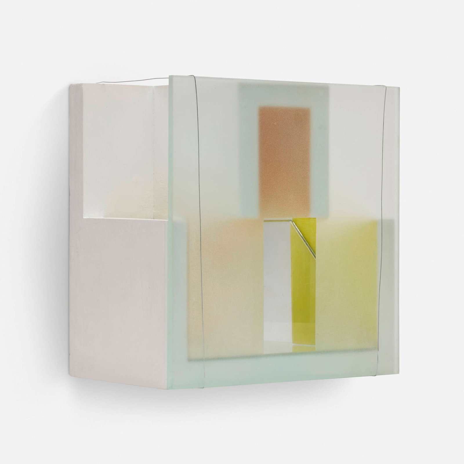 Erin O'Keefe, Untitled construction: Erin O'Keefe Untitled construction c. 1995 painted wood, glass, mirrored glass, wire 8.75 h x 8.75 w x 5.5 d in (22 x 22 x 14 cm) Signed to verso 'Erin M. O'Keefe'. Provenance: Collectio