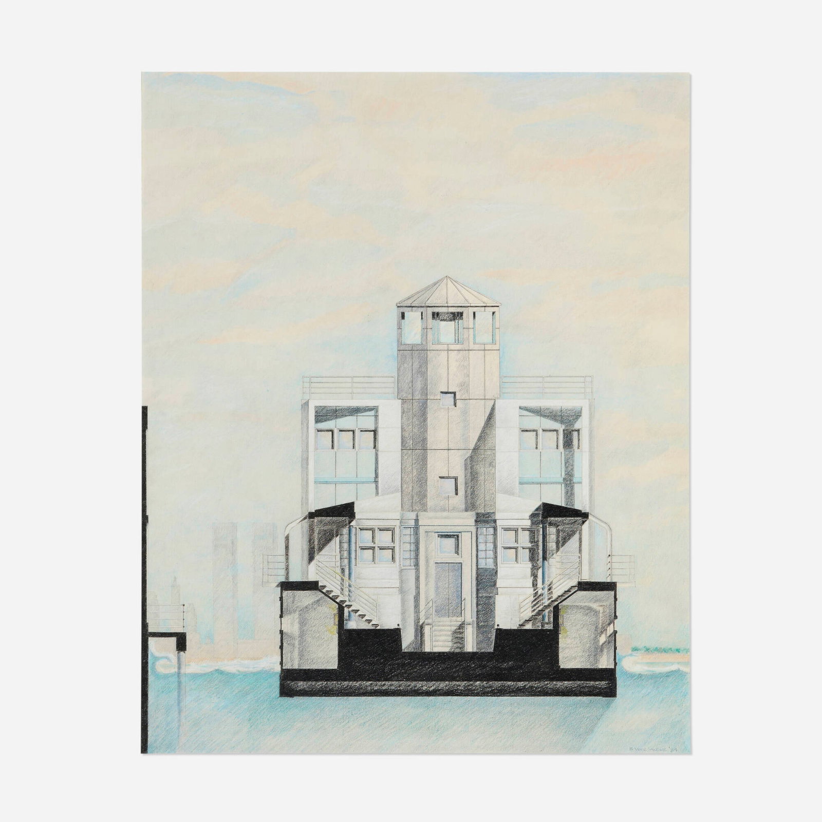 Bartholomew Voorsanger, Architectural drawing: Bartholomew Voorsanger Architectural drawing 1984 colored pencil on paper sight: 21.625 h x 17.375 w in (55 x 44 cm) Signed and dated to lower right 'B. Voorsanger '84'. Provenance: