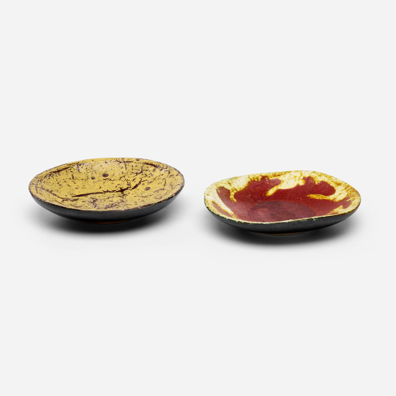 Mark Keram, Bowls, set of two: Mark Keram Bowls, set of two c. 1960 glazed earthenware 1.5 h x 7.25 dia in (4 x 18 cm) 1.5 h x 7.375 dia in (4 x 19 cm) Signed to one example 'Mark Keram' and to additional example