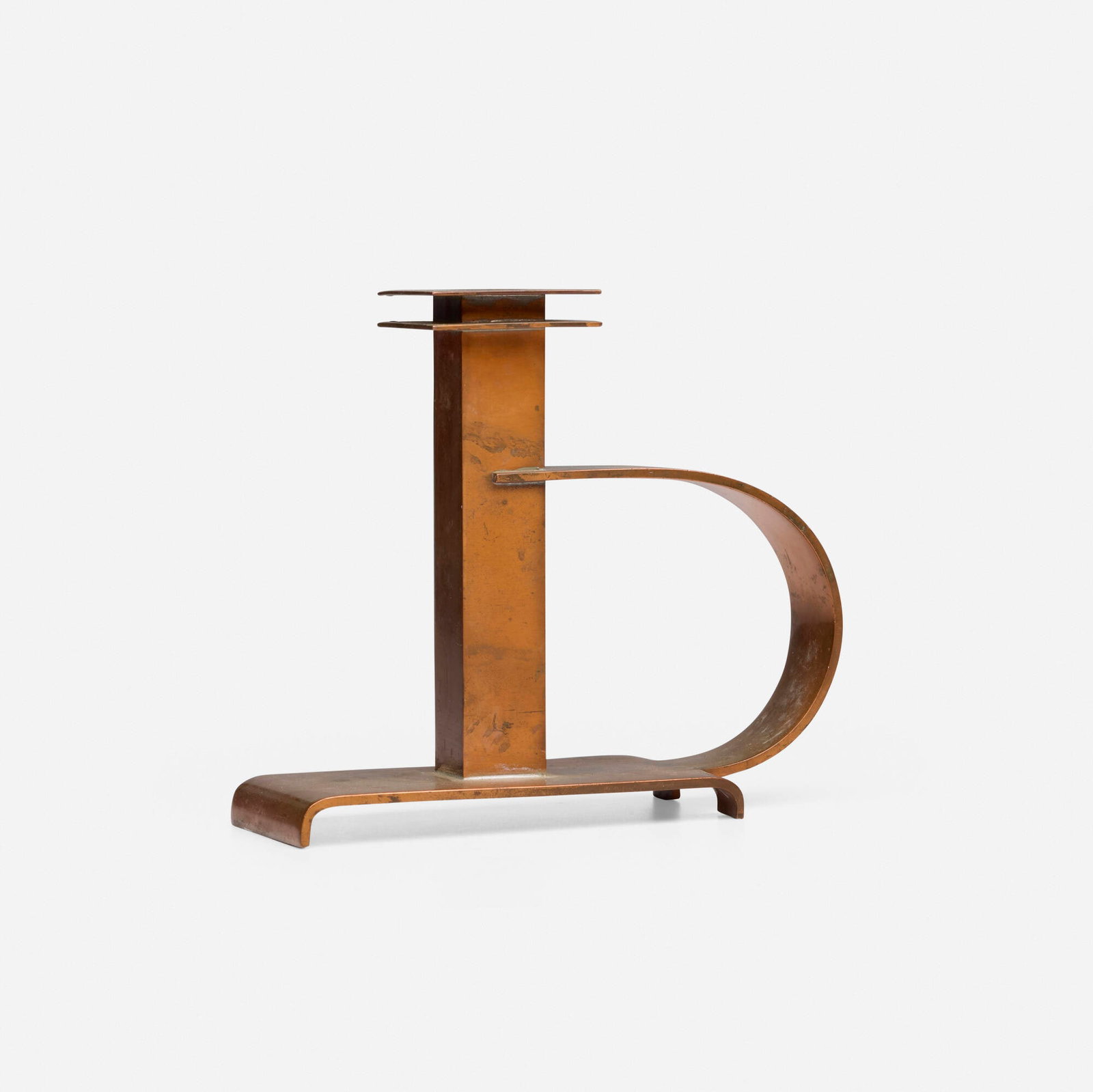 Albert Reimann, Dee Handle candlestick, model 21006: Albert Reimann Dee Handle candlestick, model 21006 Chase Brass & Copper Co. USA, 1933 copper 5.875 h x 6.75 w x 2.75 d in (15 x 17 x 7 cm) Impressed manufacturer's mark to underside 'Chase