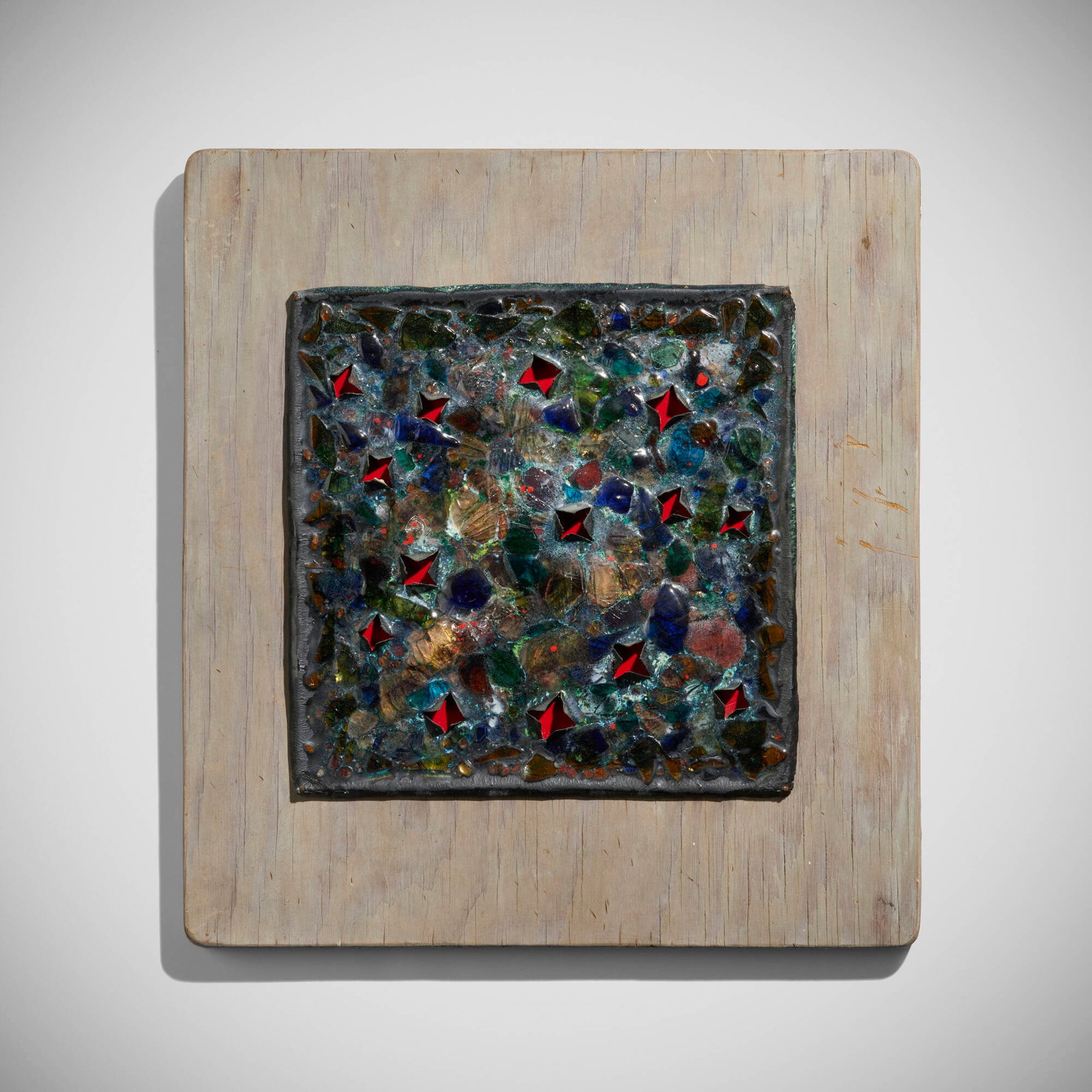 Leon Holub, Untitled (wall panel): Leon Holub Untitled (wall panel) 1962 enameled and fused glass, enameled metal, stained plywood 15.75 h x 14.5 w x 1.25 d in (40 x 37 x 3 cm) Signed, dated, and inscribed to reverse 'Leon Holub 1