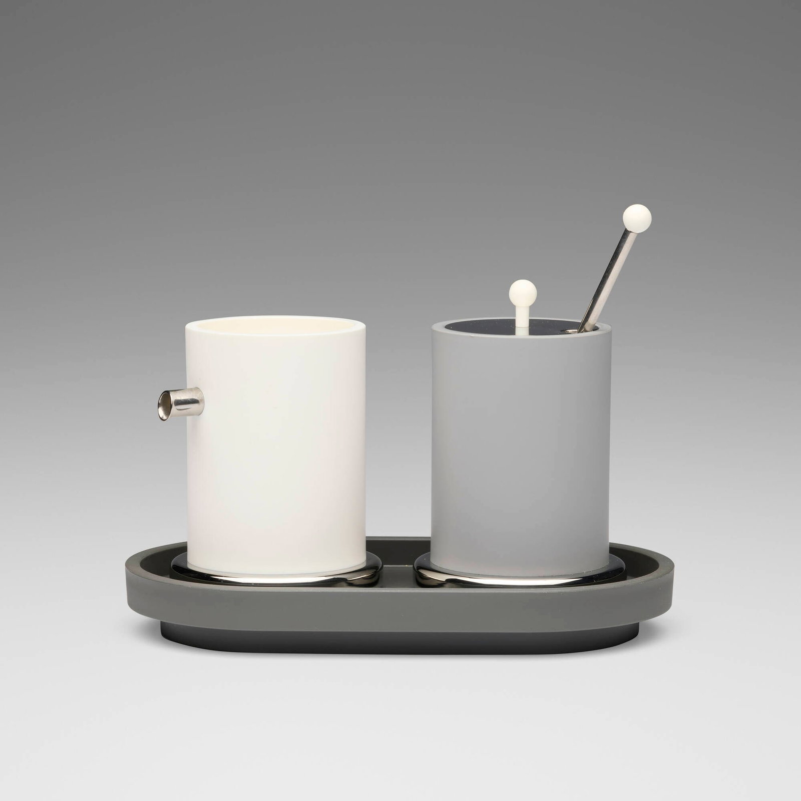 Ettore Sottsass, Cream and sugar service, model ES10: Ettore Sottsass Cream and sugar service, model ES10 Alessi Italy, 1998 molded plastic, stainless steel 6.25 h x 8 w x 4.25 d in (16 x 20 x 11 cm) Molded manufacturer's mark to each element