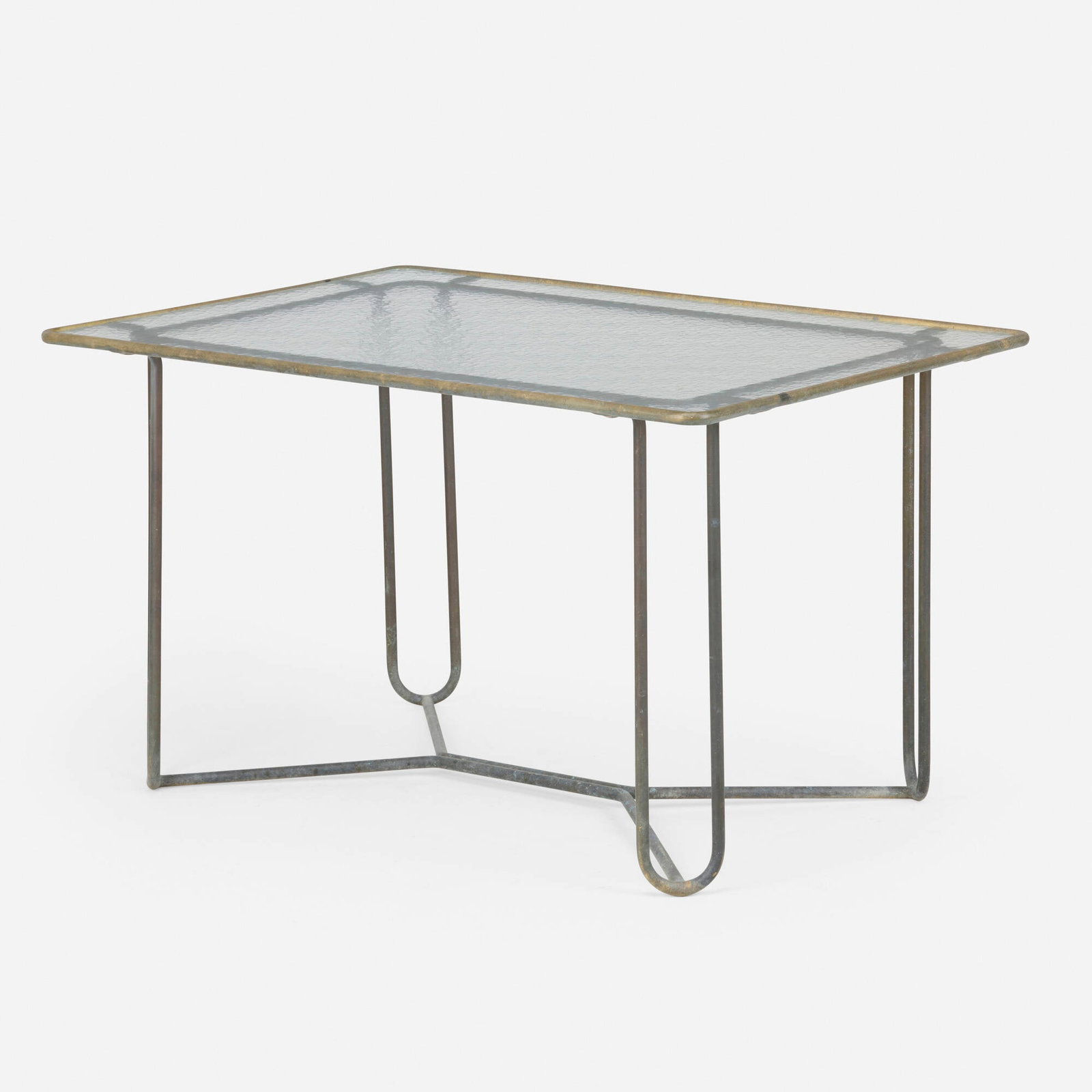 Walter Lamb, Dining table, model AE-2700: Walter Lamb Dining table, model AE-2700 Brown Jordan USA, c. 1952 tempered glass, bronze 28.5 h x 49.75 w x 35.75 d in (72 x 126 x 91 cm) Provenance: Collection of Mark McDonald Literature: Walter