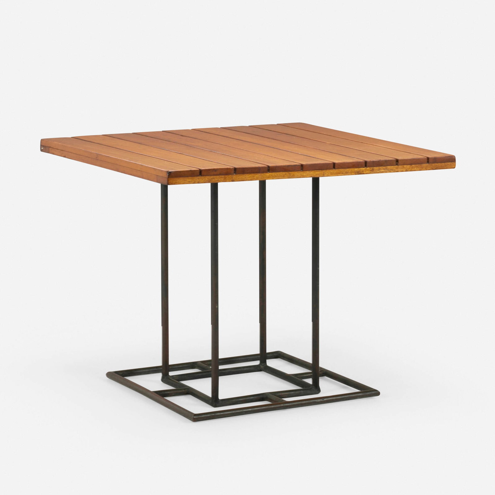 Walter Lamb, Cafe table, model WT-2701: Walter Lamb Cafe table, model WT-2701 Brown Jordan USA, c. 1950 bronze, koa 28.75 h x 35.75 w x 35.75 d in (73 x 91 x 91 cm) Provenance: Collection of Mark McDonald Literature: Walter Lamb,
