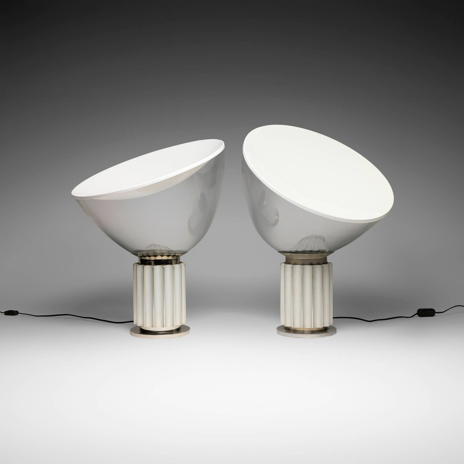 Achille & Pier Giacomo Castiglioni, Taccia table lamps, pair: Achille & Pier Giacomo Castiglioni Taccia table lamps, pair Flos Italy, 1962 / c. 1980 blown glass, enameled aluminum, nickel-plated ABS and PC 23.375 h x 19.375 w x 19.375 d in (59 x 49 x 49 cm)