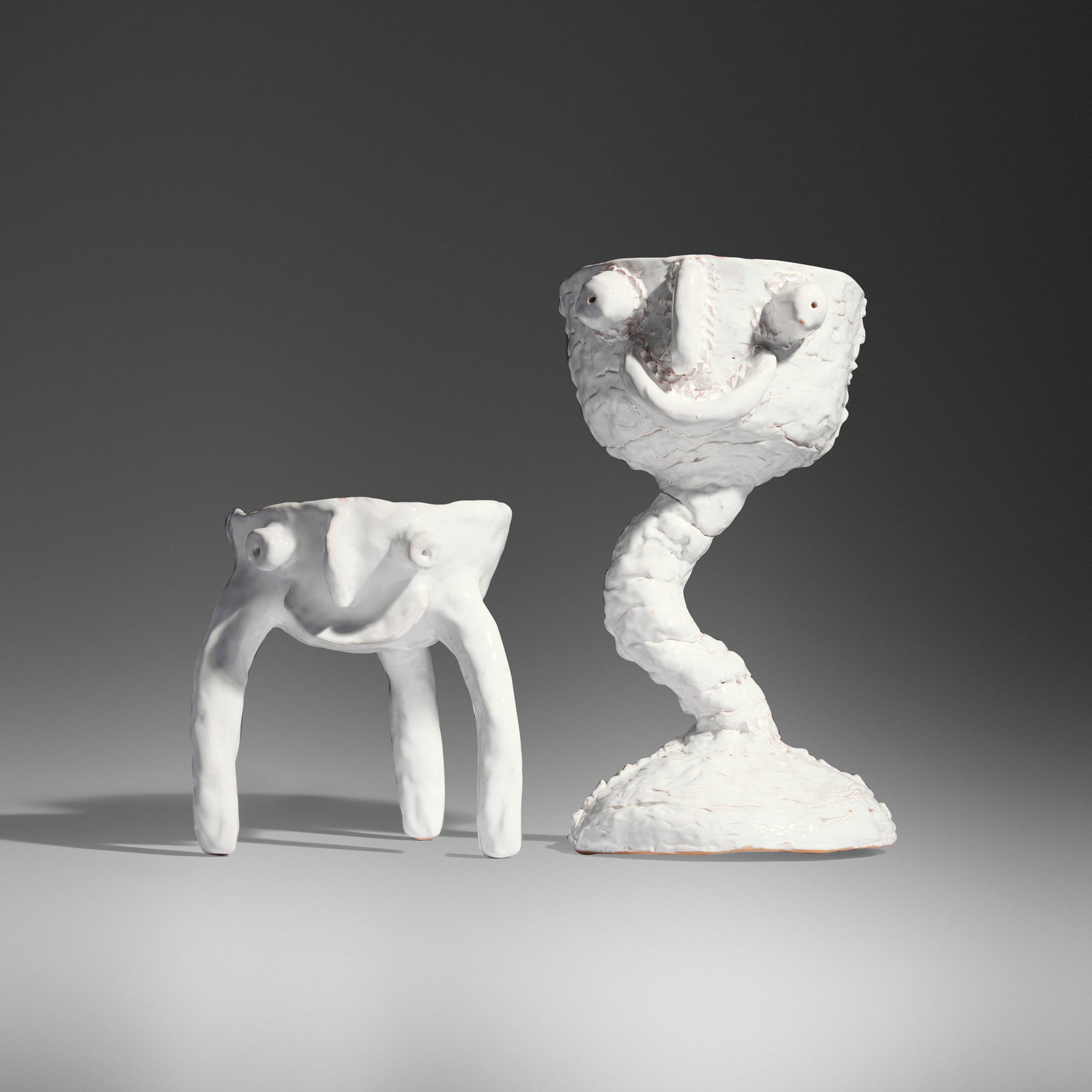 Francesco Decio, Face Legs 1; Face Wiggle 1 (two works): Francesco Decio Face Legs 1; Face Wiggle 1 (two works) Italy, 2021 glazed earthenware 13.125 h x 8.25 w x 8.5 d in (33 x 21 x 22 cm) 7.75 h x 7.375 w x 8.125 d in (20 x 19 x 21 cm) Incised signature