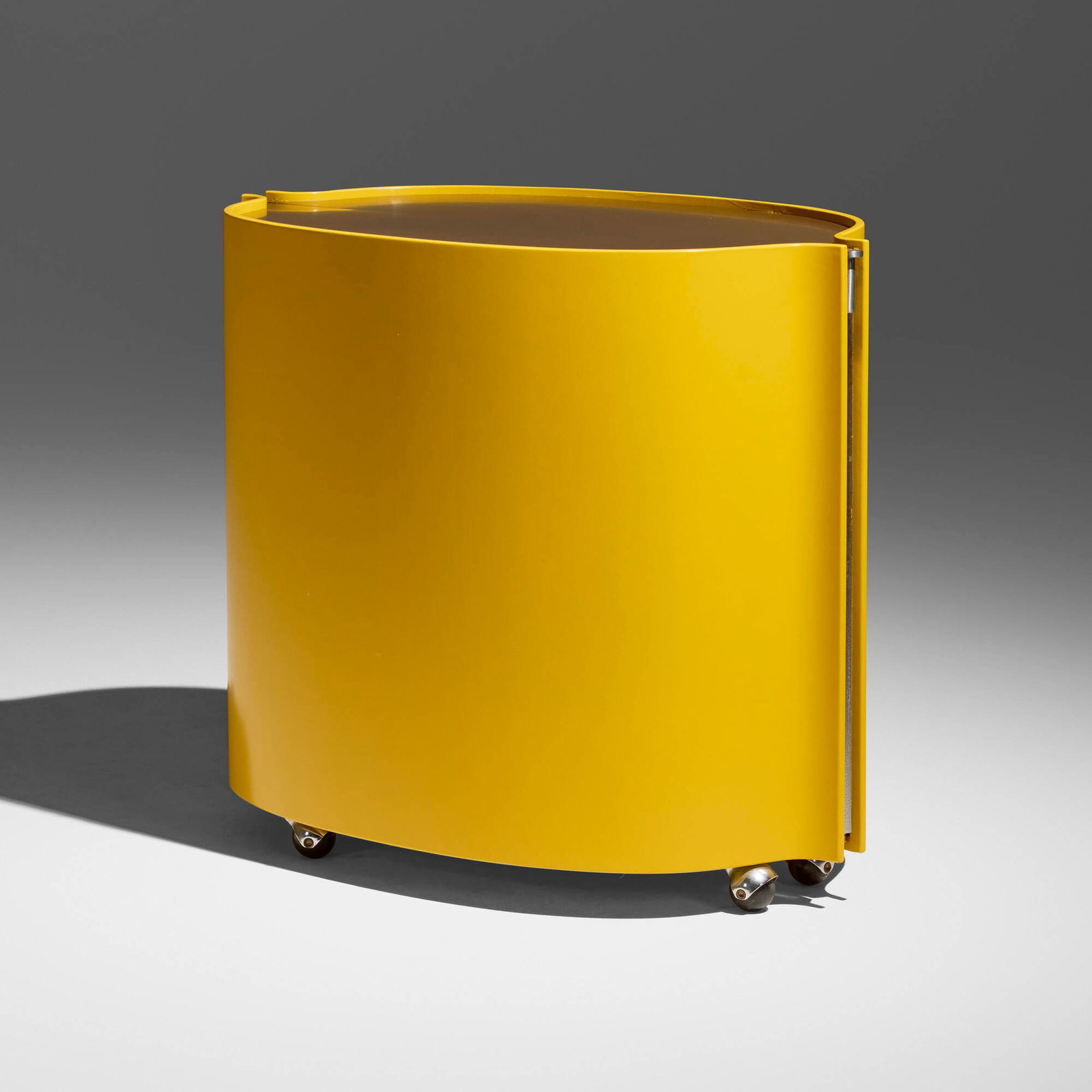 Eugenio Gerli, Bar, model B106: Eugenio Gerli Bar, model B106 Tecno Italy, 1966 walnut, lacquered plywood, laminate, matte chrome-plated steel closed: 27.5 h x 35 w x 21.25 d in (70 x 89 x 54 cm) open: 27.5 h x 58 w x 28 d in (70 x