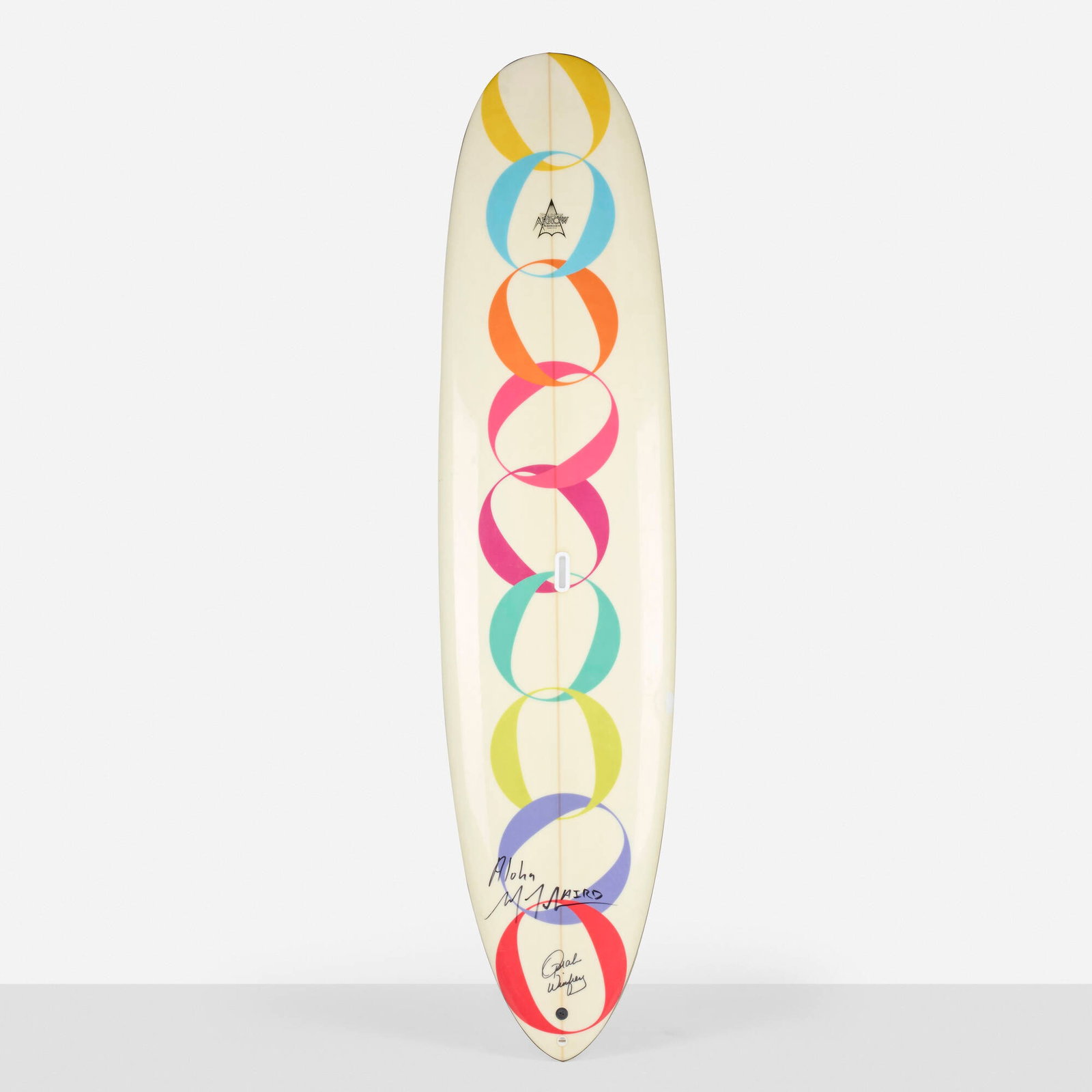 Laird Hamilton and Oprah Winfrey, Custom paddle board: Laird Hamilton and Oprah Winfrey Custom paddle board Pearson Arrow Surfboards USA, 2015 lacquered fiberglass, plastic 29.5 w x 6 d x 125.75 l in (75 x 15 x 319 cm) Printed manufacturer's mark to