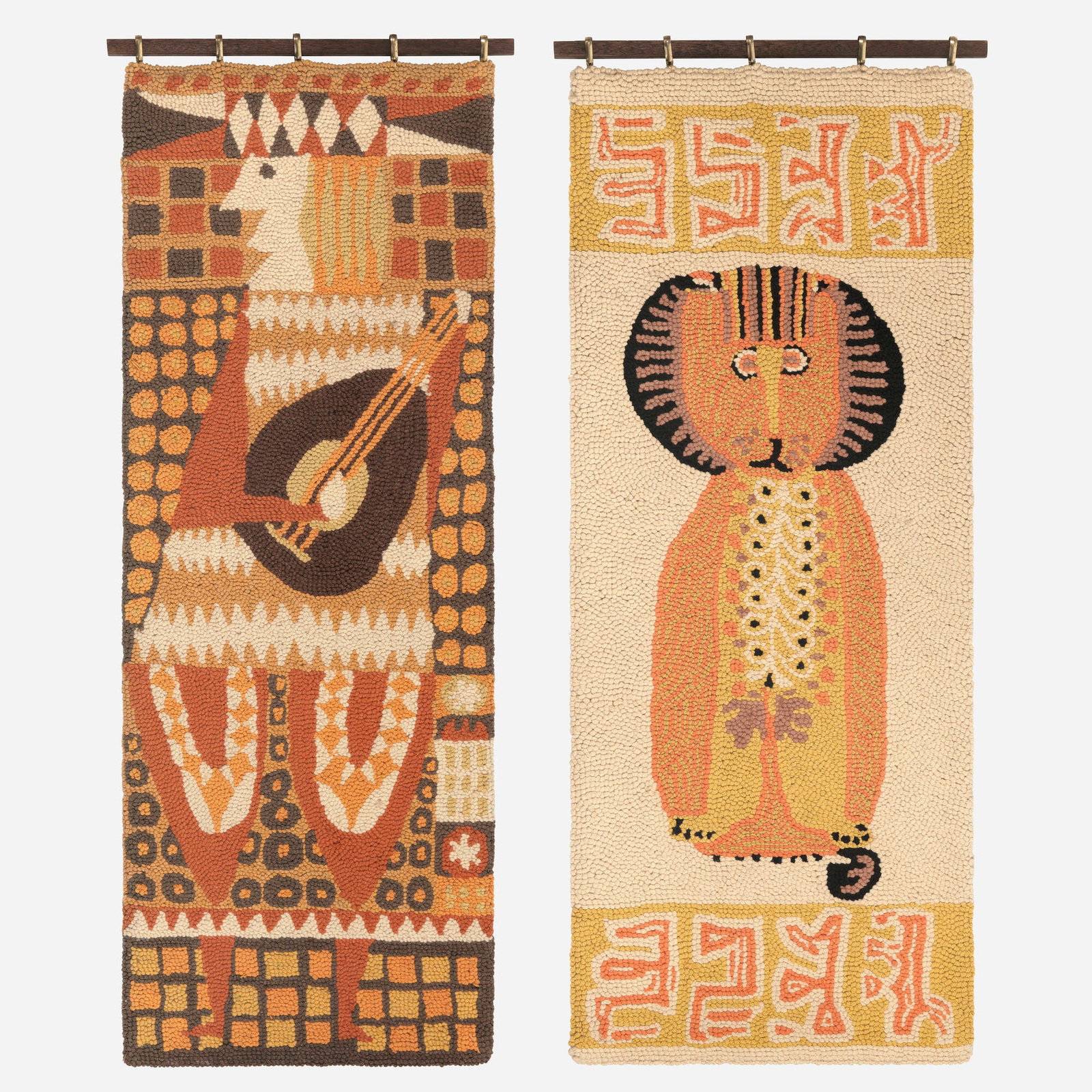 Evelyn Ackerman, Tapestries, set of two: Evelyn Ackerman Tapestries, set of two ERA Industries USA, 1959, 1961 hand-hooked wool 47.5 h x 18 w in (121 x 46 cm) 43.5 h x 17.75 w in (110 x 45 cm) Set comprises Minstrel and Lion tapestries.