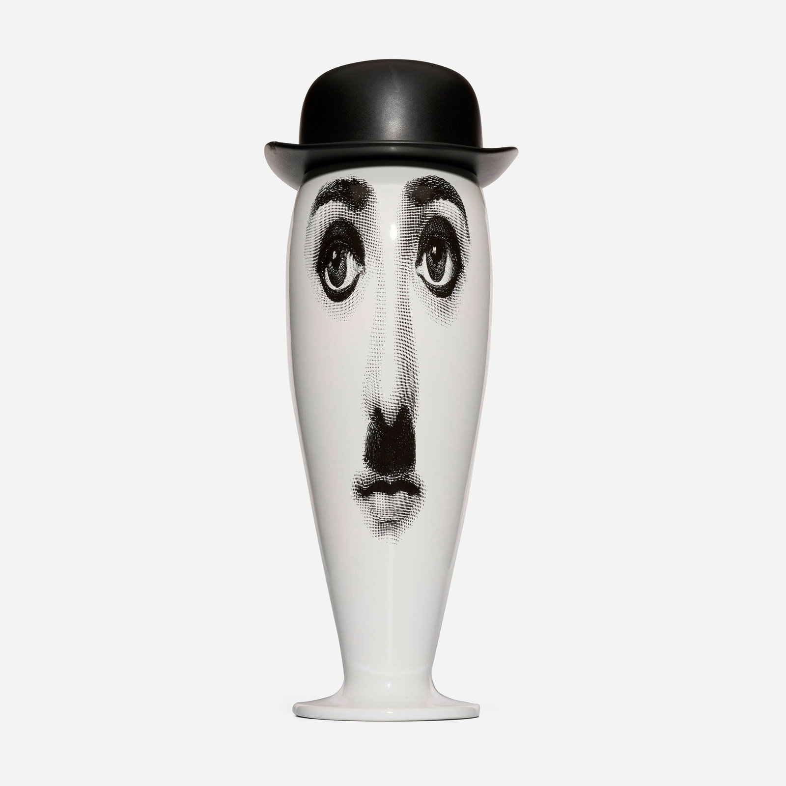 Piero Fornasetti, Charlie Chaplin (lidded vase): Piero Fornasetti Charlie Chaplin (lidded vase) Bitossi Italy, c. 2005 transfer-printed porcelain 25.75 h x 10 w x 10.5 d in (65 x 25 x 27 cm) Printed manufacturer's mark to underside