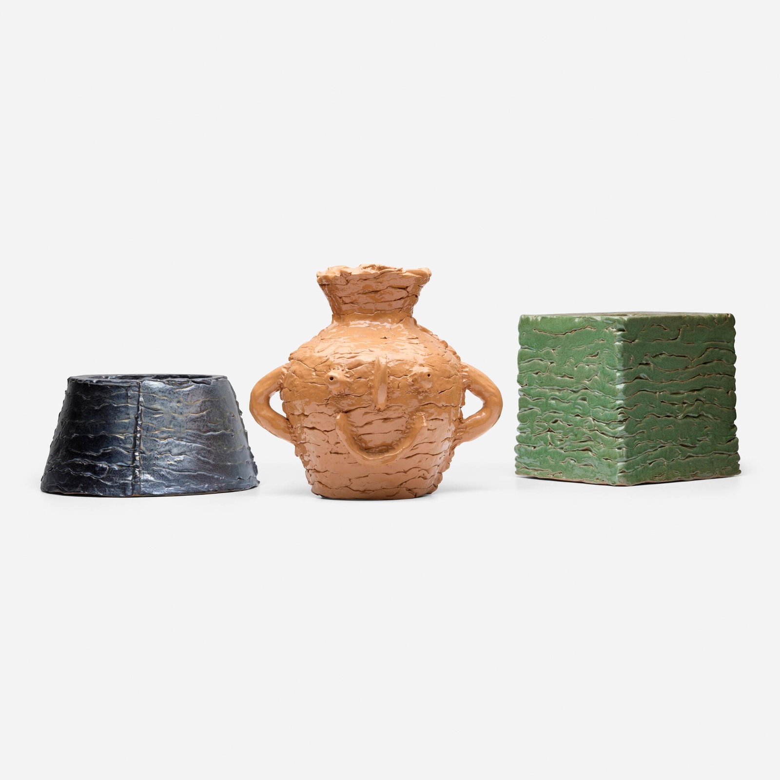 Francesco Decio, Face Jar 1; Crater 1; Cube 1 (three works): Francesco Decio Face Jar 1; Crater 1; Cube 1 (three works) Italy, 2021 glazed earthenware 11.625 h x 12.875 w x 10.375 d in (30 x 33 x 26 cm) 8.875 h x 8.5 w x 8.25 d in (23 x 22 x 21 cm) 6 h x