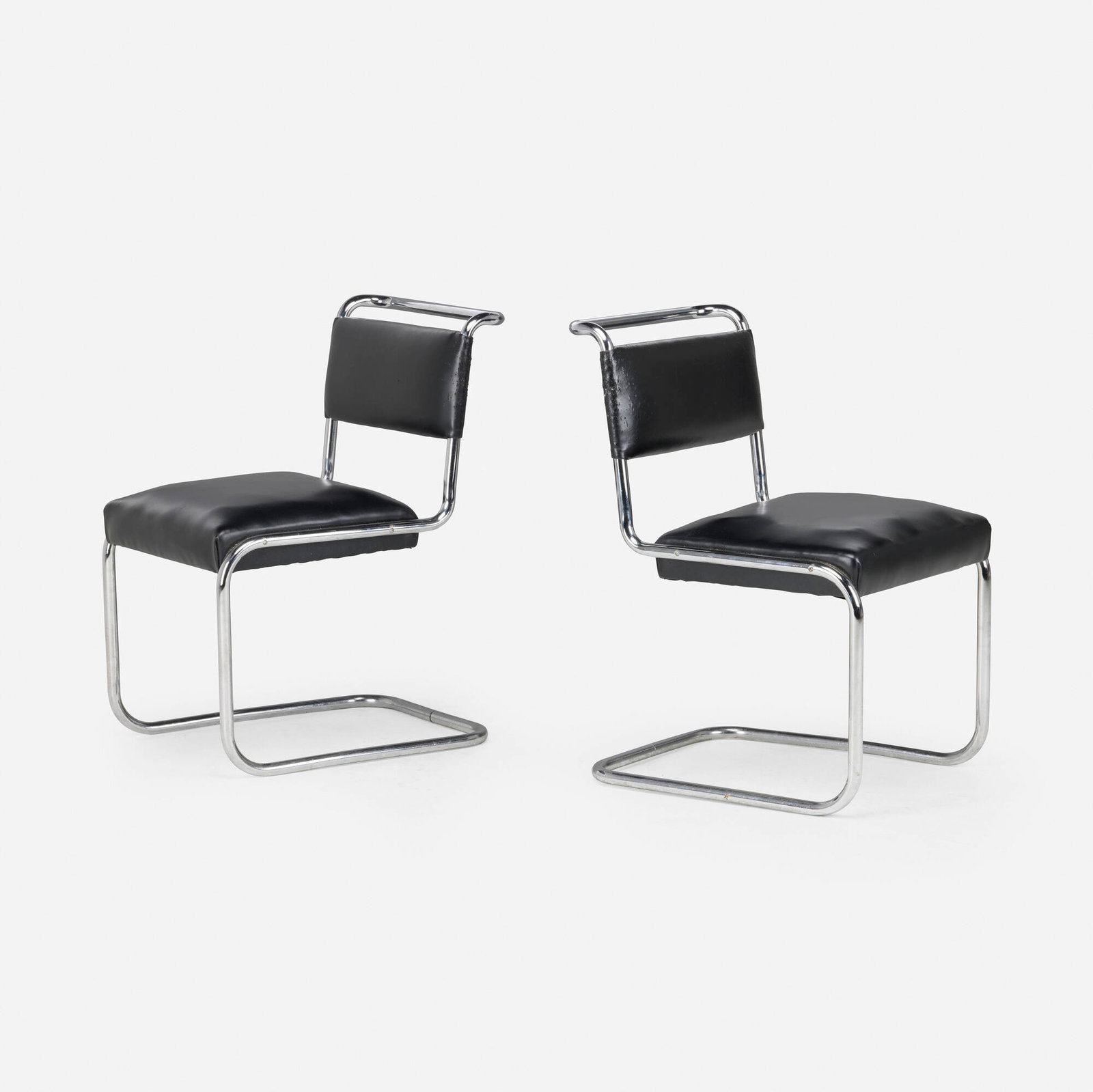Modern, Chairs, pair: Modern Chairs, pair c. 1955 chrome-plated steel, leather 32.625 h x 20 w x 24 d in (83 x 51 x 61 cm) This work will ship from Lambertville, New Jersey.
