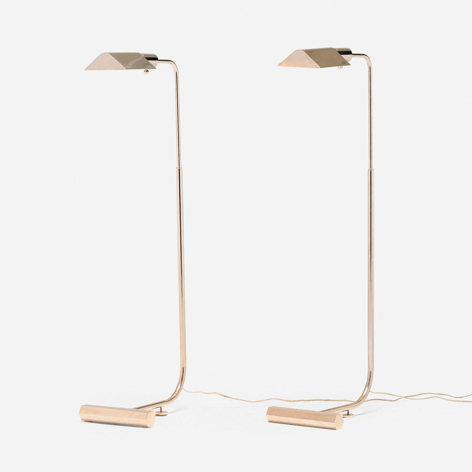 Phoenix Day Inc., Floor lamps, pair: Phoenix Day Inc. Floor lamps, pair USA, 21st century chrome-plated brass 41.5 h x 9.5 w x 15.5 d in (105 x 24 x 39 cm) Decal manufacturer's label to shade interior of each example 'Phoenix