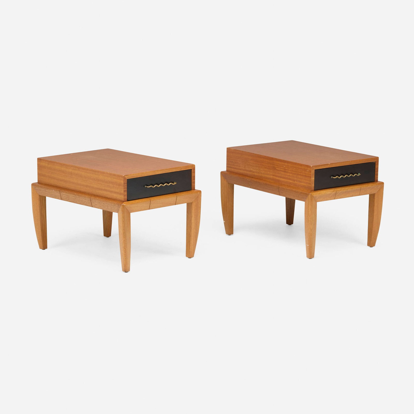 John Keal, Occasional tables model 90, pair: John Keal Occasional tables model 90, pair Brown Saltman USA, c. 1955 mahogany, stained mahogany, brass 19 h x 18.5 w x 28.5 d in (48 x 47 x 72 cm) Tables each feature one drawer. Decal