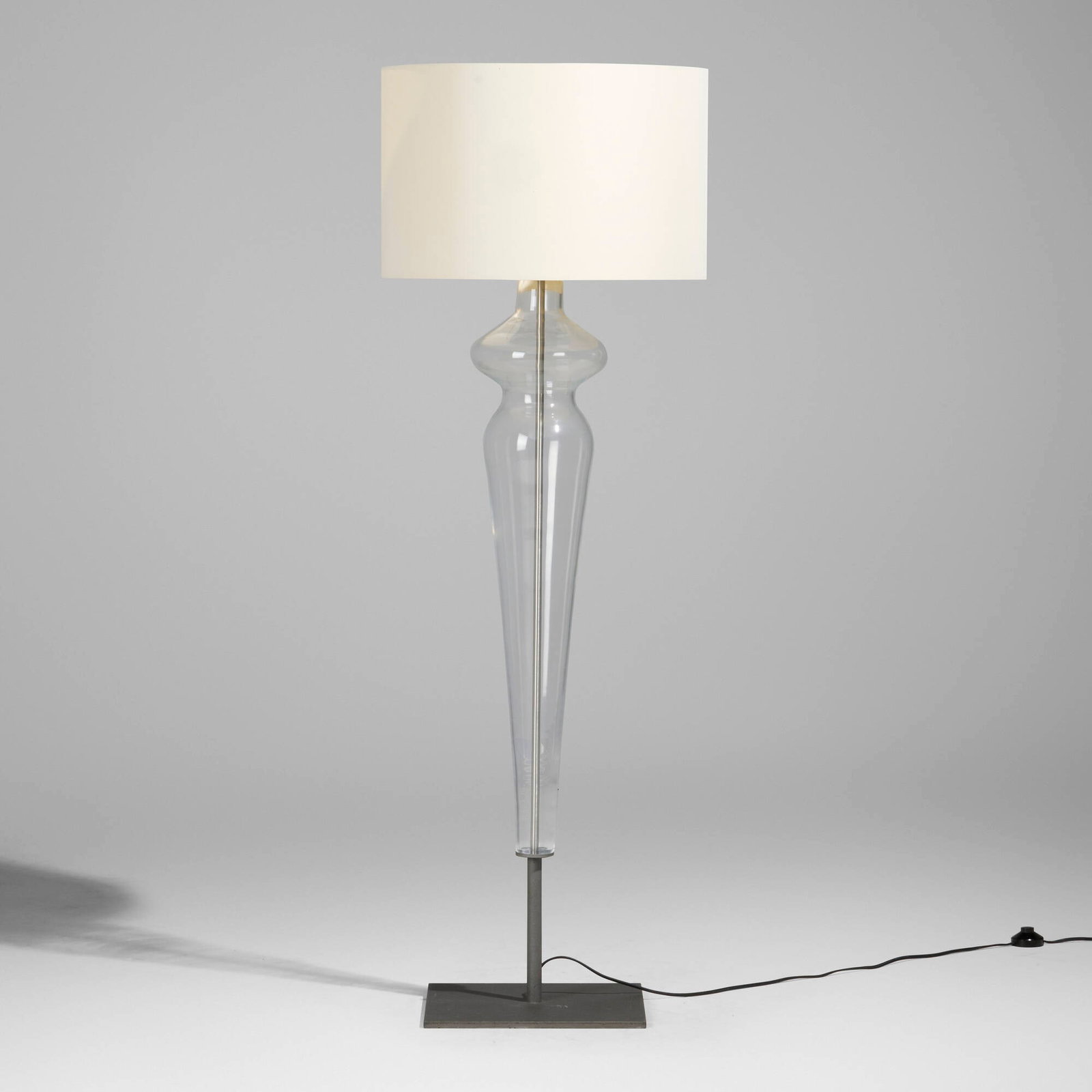 Jean-Marie Massaud, Holly floor lamp: Jean-Marie Massaud Holly floor lamp Poltrona Frau France, 2006 glass, powder-coated steel, cotton and PVC shade 62.75 h x 21.5 dia in (159 x 55 cm) Etched manufacturer's mark to glass