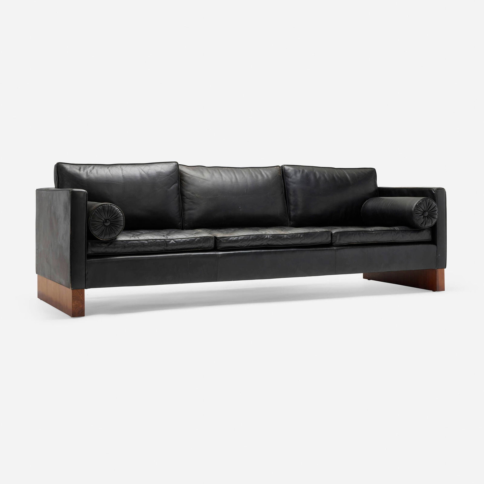 Ludwig Mies van der Rohe, Sofa: Ludwig Mies van der Rohe Sofa Knoll International Germany, 1930 / 1971 leather upholstery, rosewood veneer 31.5 h x 90 w x 33 d in (80 x 229 x 84 cm) Fabric manufacturer's label to sofa 'Kno