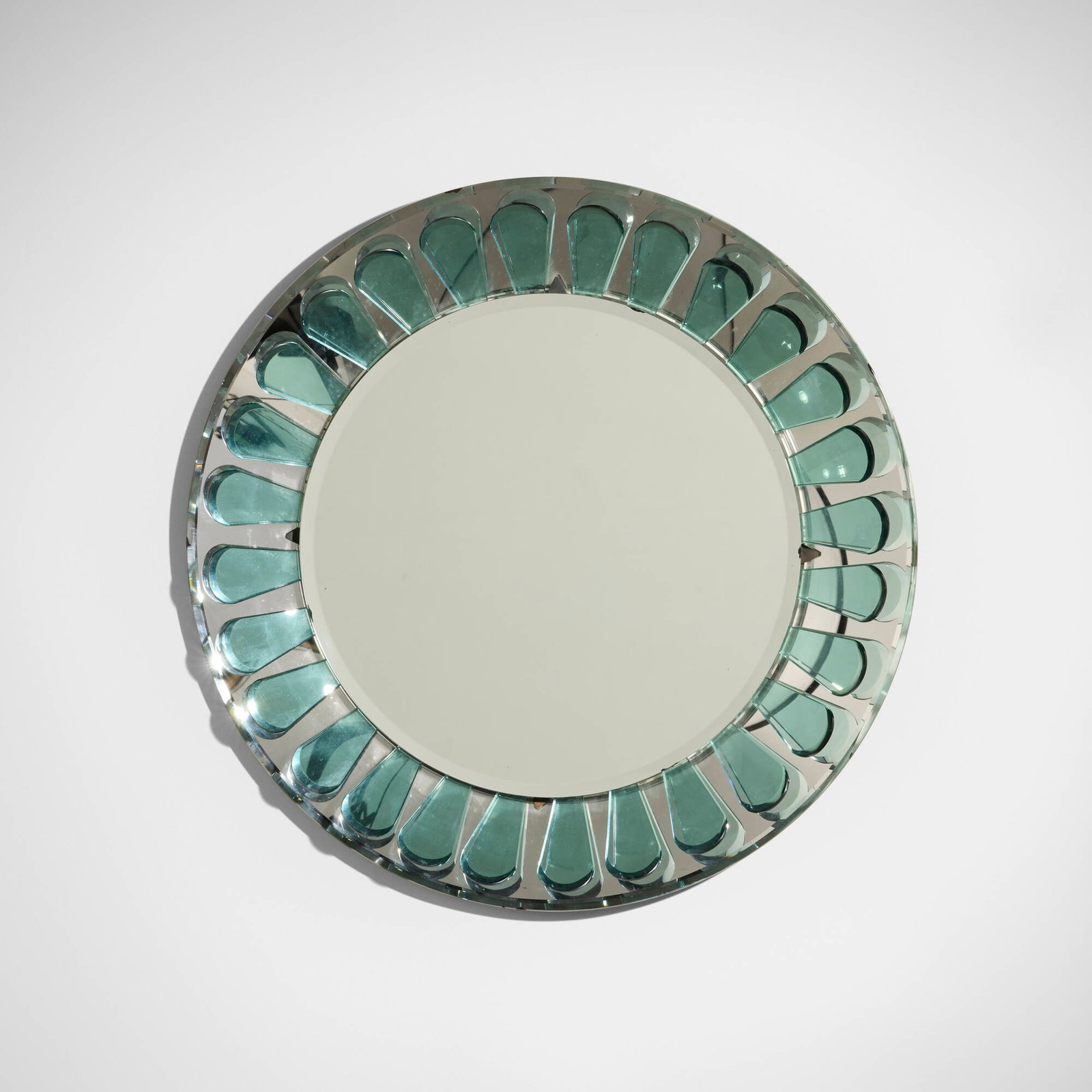 Max Ingrand, Wall mirror: Max Ingrand Wall mirror Italy, c. 1964 crystal, mirrored glass, enameled steel 2.5 d x 23.5 dia in (6 x 60 cm) Literature: Lucie trasparenze Fontana Arte, Galleria Babuino Novecento, pg. 18 This work
