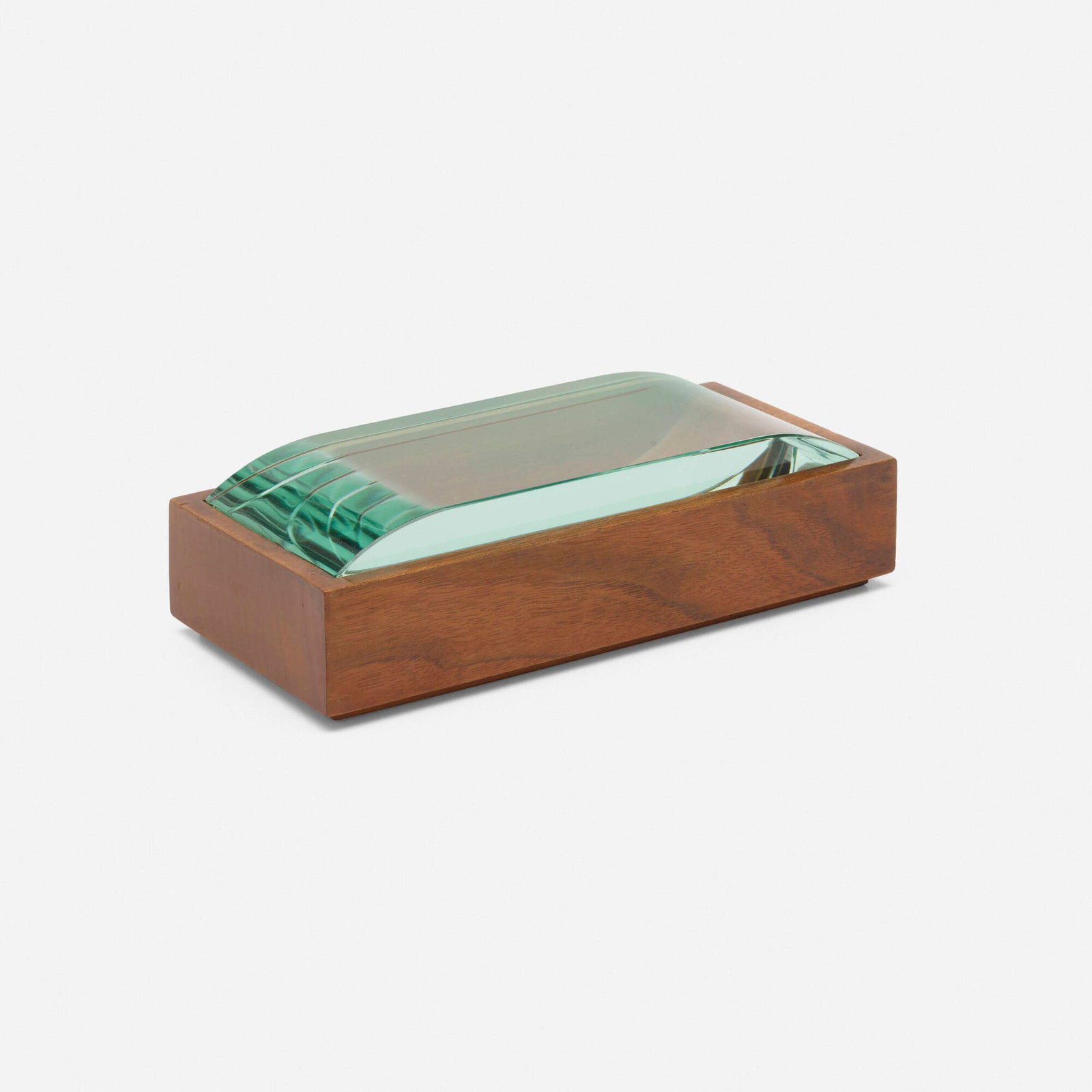 Pietro Chiesa, attribution, Lidded box: Pietro Chiesa, attribution Lidded box Fontana Arte Italy, c. 1940 crystal, mahogany 2.25 h x 8.25 w x 4 d in (6 x 21 x 10 cm) Partial paper retailer's label to underside 'Illuminazione Razionale