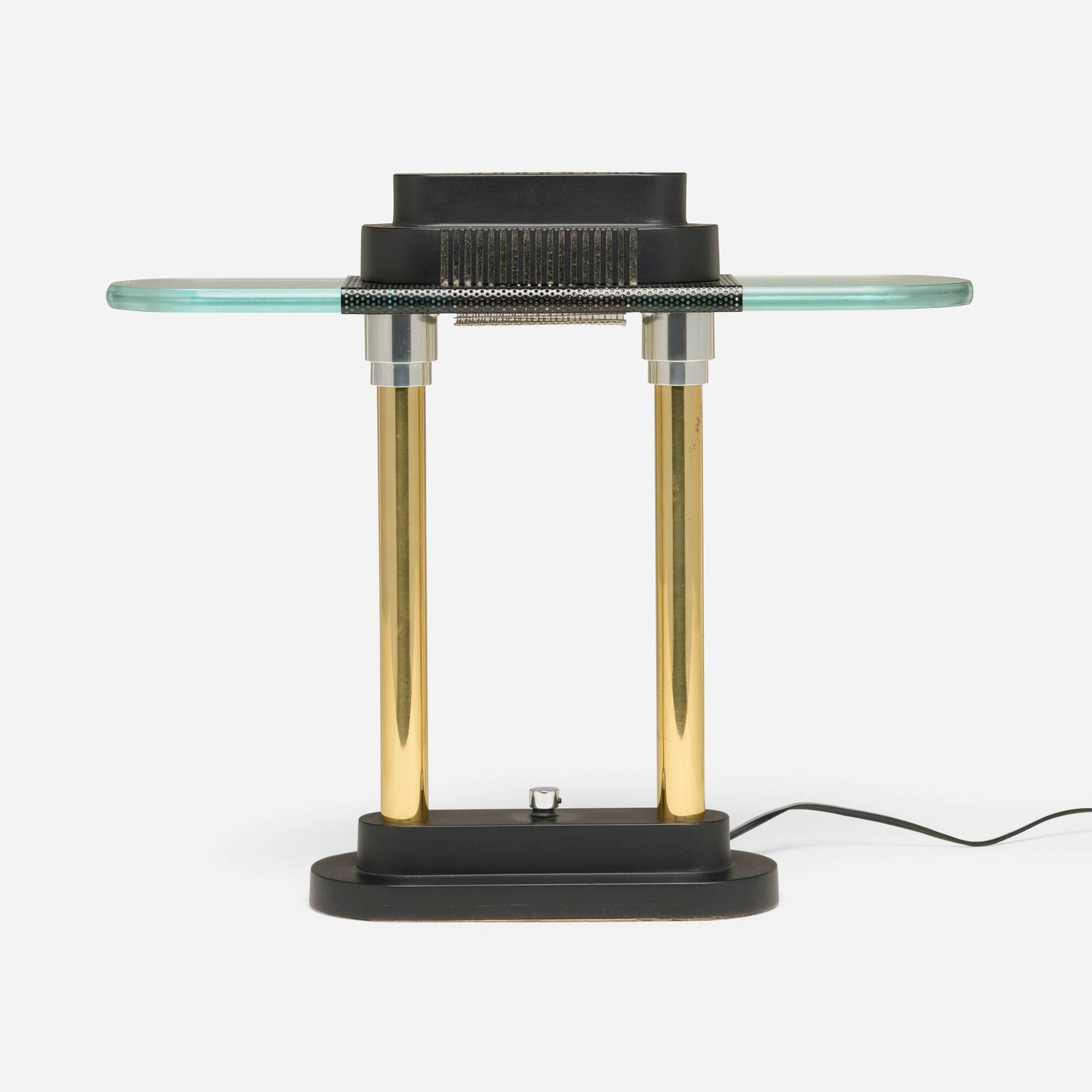 Robert Sonneman, Table lamp: Robert Sonneman Table lamp George Kovacs USA, 1987 enameled metal, brass, chrome, glass 15 h x 17.5 w x 4.5 d in (38 x 44 x 11 cm) Decal manufacturer's label to underside 'Copyright @ 1987