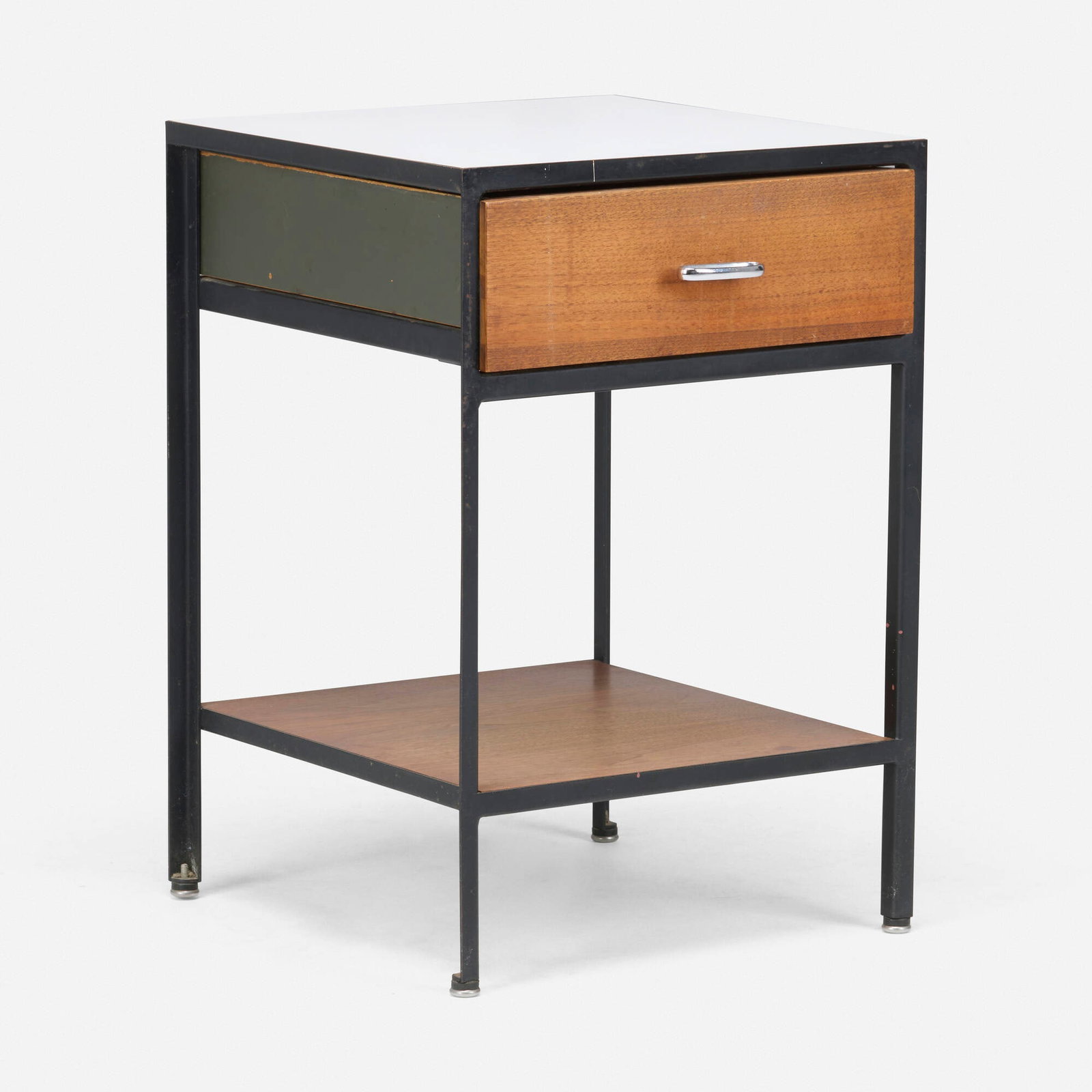 George Nelson & Associates, Steel Frame nightstand, model 4053: George Nelson & Associates Steel Frame nightstand, model 4053 Herman Miller USA, 1950 / c. 1960 lacquered steel, walnut, laminate, aluminum 24.5 h x 16.75 w x 17 d in (62 x 43 x 43 cm) Nightstand