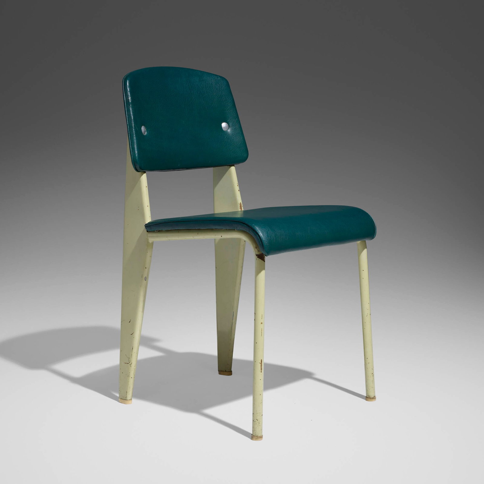 Jean Prouve, Metropole No. 306 chair: Jean Prouve Metropole No. 306 chair Ateliers Jean Prouve France, c. 1953 enameled steel, vinyl upholstery, aluminum, rubber 31.25 h x 16.75 w x 19.5 d in (79 x 43 x 50 cm) Provenance: Prize Des