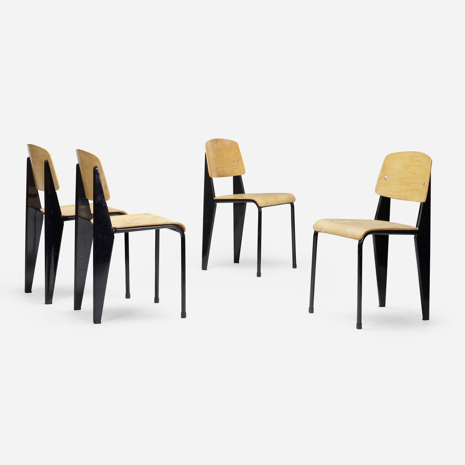 Jean Prouve, 'Semi-Metal' chairs No. 305, set of four: Jean Prouve 'Semi-Metal' chairs No. 305, set of four Ateliers Jean Prouve France, 1950 enameled steel, beech plywood, rubber, aluminum 32 h x 16.25 w x 19 d in (81 x 41 x 48 cm) Provenance: Mag