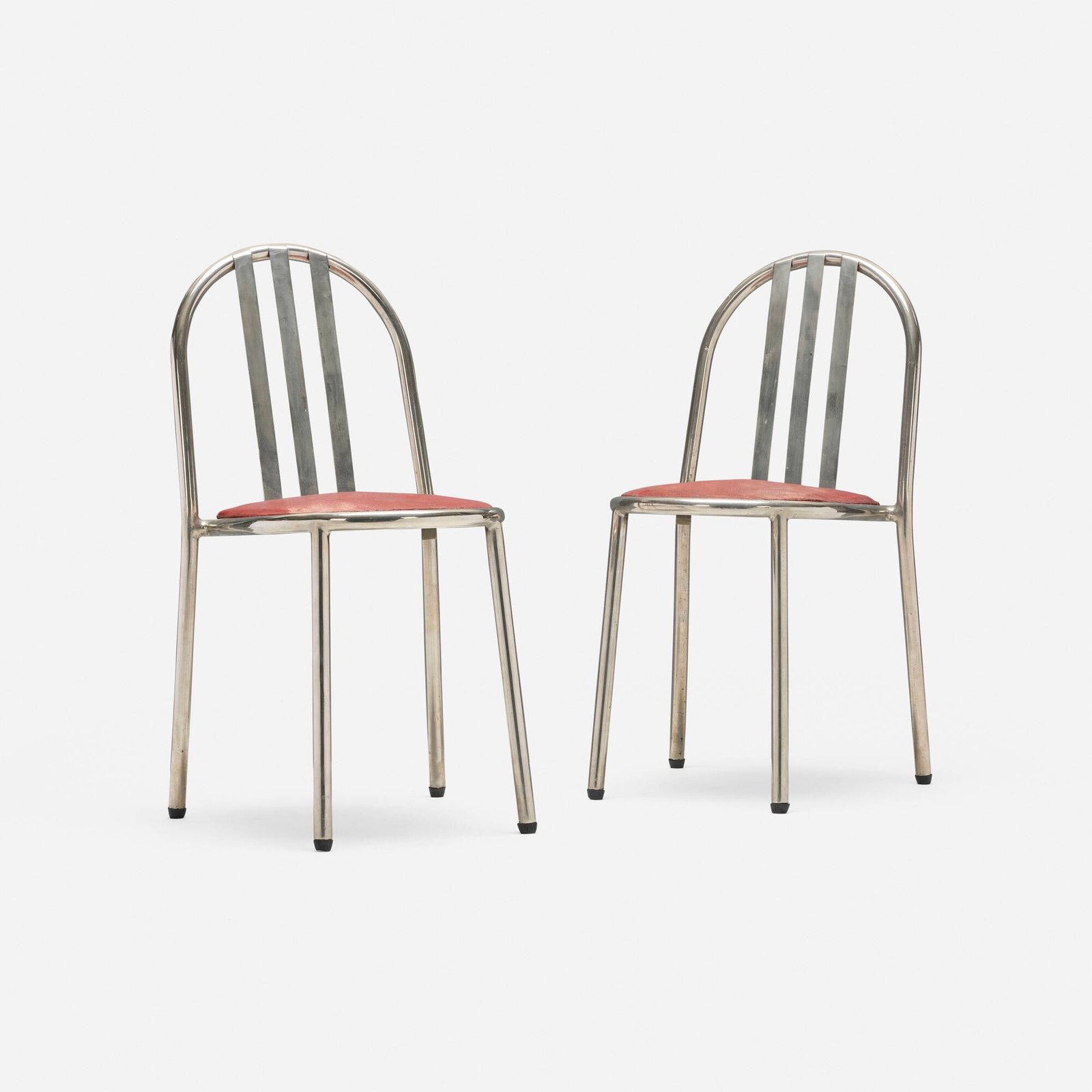Robert Mallet-Stevens, Rare stacking chairs, pair: Robert Mallet-Stevens Rare stacking chairs, pair Tubor France, c. 1930 nickel-plated steel, leatherette upholstery, rubber 32.875 h x 17.625 w x 20 d in (84 x 45 x 51 cm) Provenance: Collection