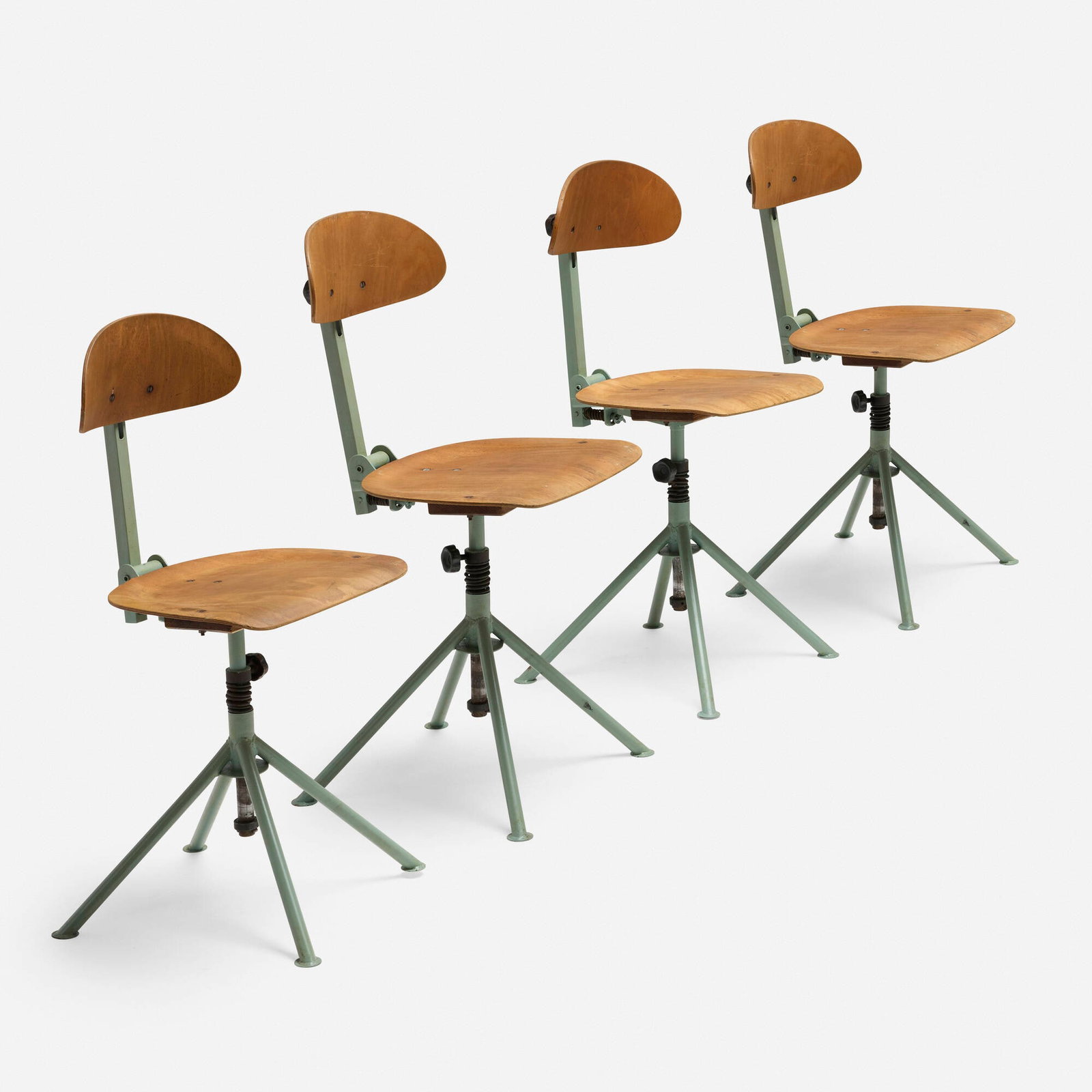 Czechoslovakian, Work chairs, set of four: Czechoslovakian Work chairs, set of four c. 1950 painted steel, beech plywood 36.5 h x 16.5 w x 16.5 d in (93 x 42 x 42 cm) Provenance: Collection of Michael and Gabrielle Boyd This w
