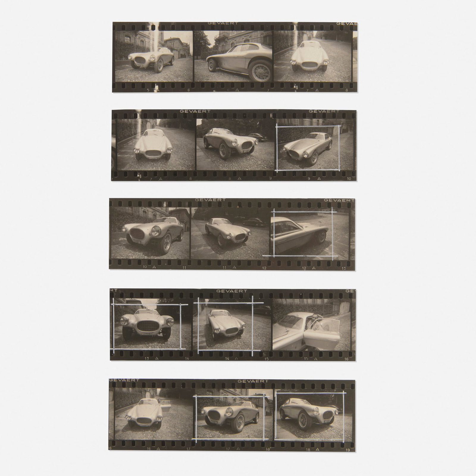 Carlo Mollino, Five Oscar car photographic contact sheets: Carlo Mollino Five Oscar car photographic contact sheets 1954 gelatin silver print sight (each): 1.375 h x 4.625 w in (3 x 12 cm) Contact sheets comprise fifteen photographic frames and feature the Os