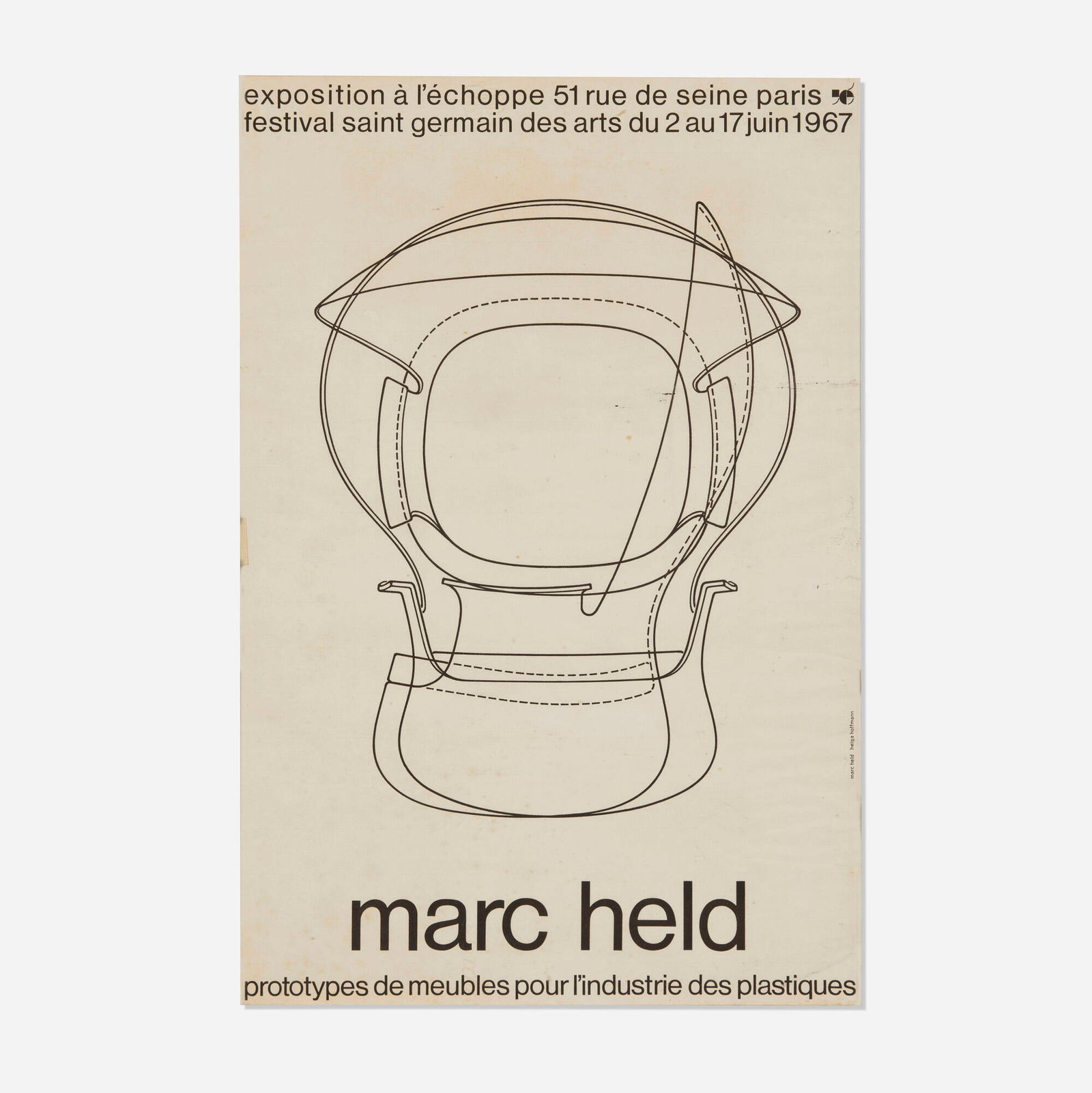 Marc Held, Prototypes de meubles pour l'industrie des plastiques exhibition poster: Marc Held Prototypes de meubles pour l'industrie des plastiques exhibition poster 1967 lithograph sight: 21.5 h x 14.5 w in (55 x 37 cm) This work is from the edition of unknown size published for the