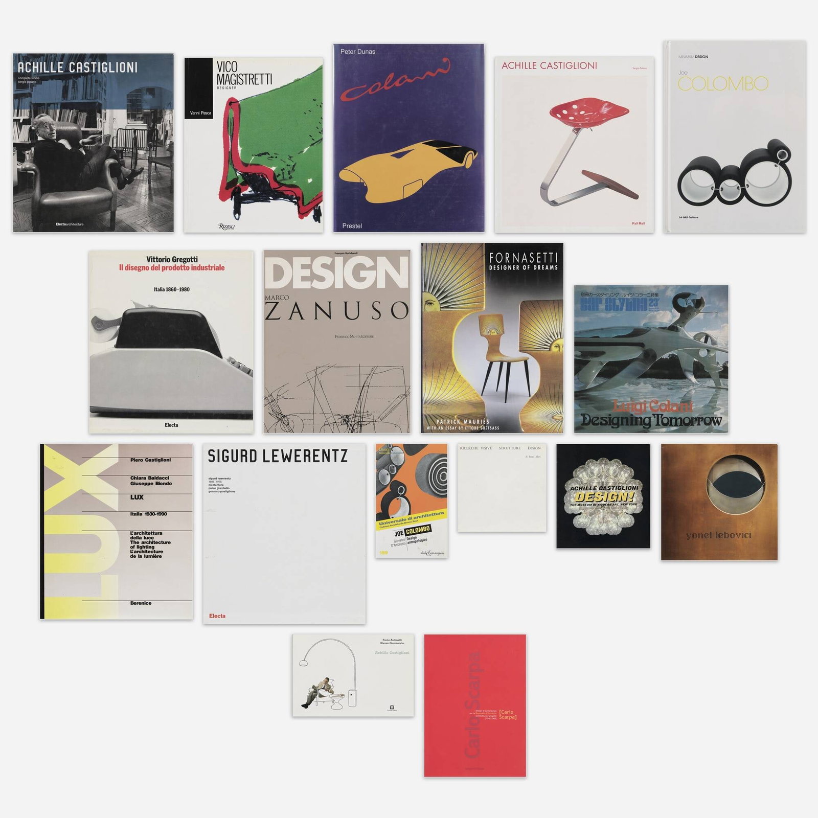 Italian Design monographs, seventeen: Italian Design monographs, seventeen bound printed paper Provenance: Collection of Michael and Gabrielle Boyd Complete Lot Details Achille Castiglioni: Complete Works (Electa Architecture)</