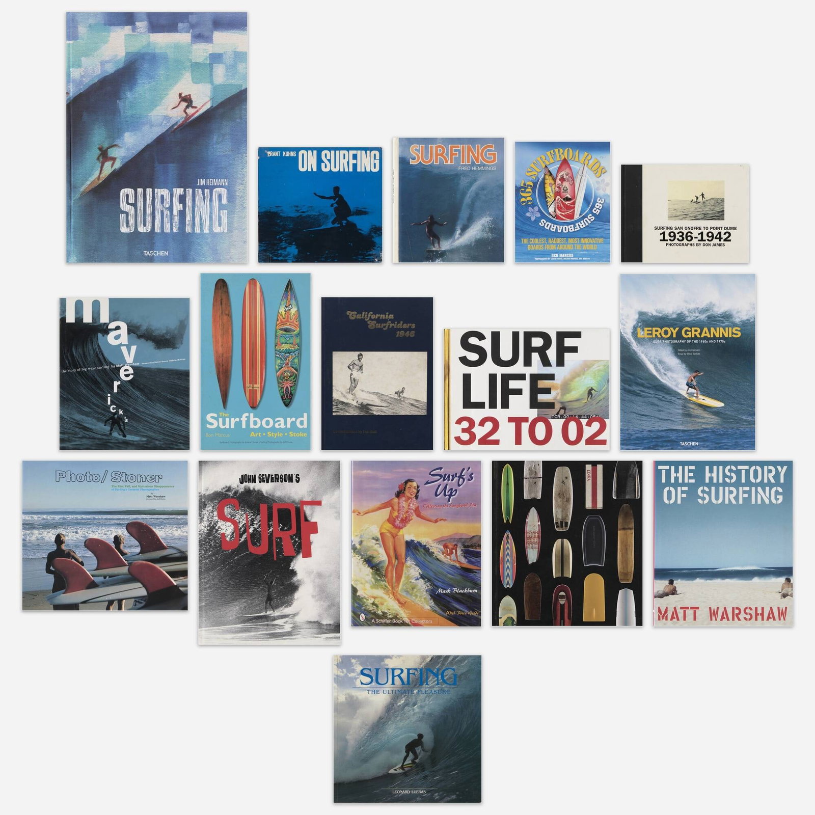 Surfing Culture surveys, sixteen: Surfing Culture surveys, sixteen bound printed paper Provenance: Collection of Michael and Gabrielle Boyd Complete Lot Details Surfing; 1778-2015 Jim Heimann, Taschen, Koln, 2016. 589 pa