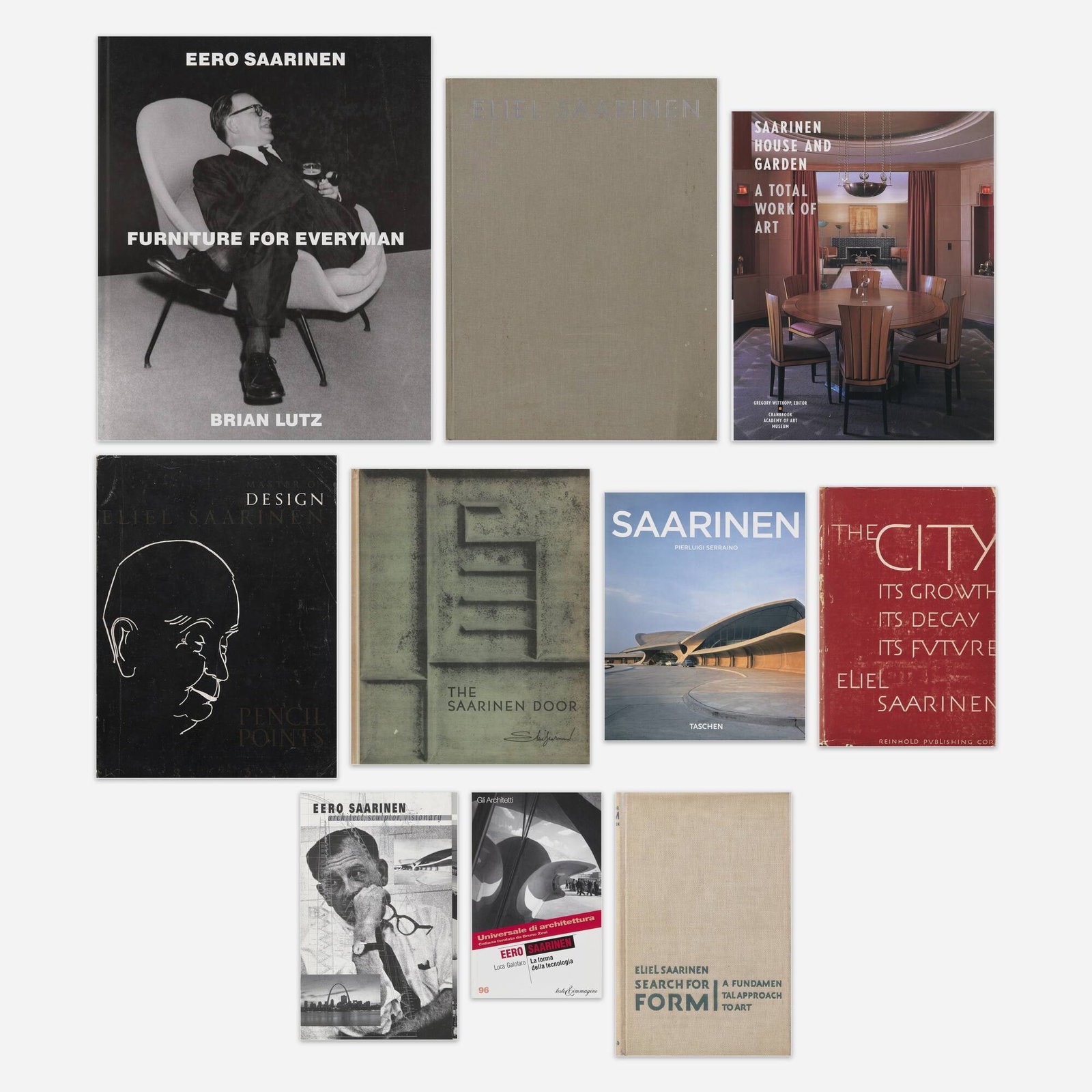 Eliel and Eero Saarinen monographs, twelve: Eliel and Eero Saarinen monographs, twelve bound printed paper Provenance: Collection of Michael and Gabrielle Boyd Complete Lot Details Eero Saarinen: Furniture for Everyman Brian Lutz,