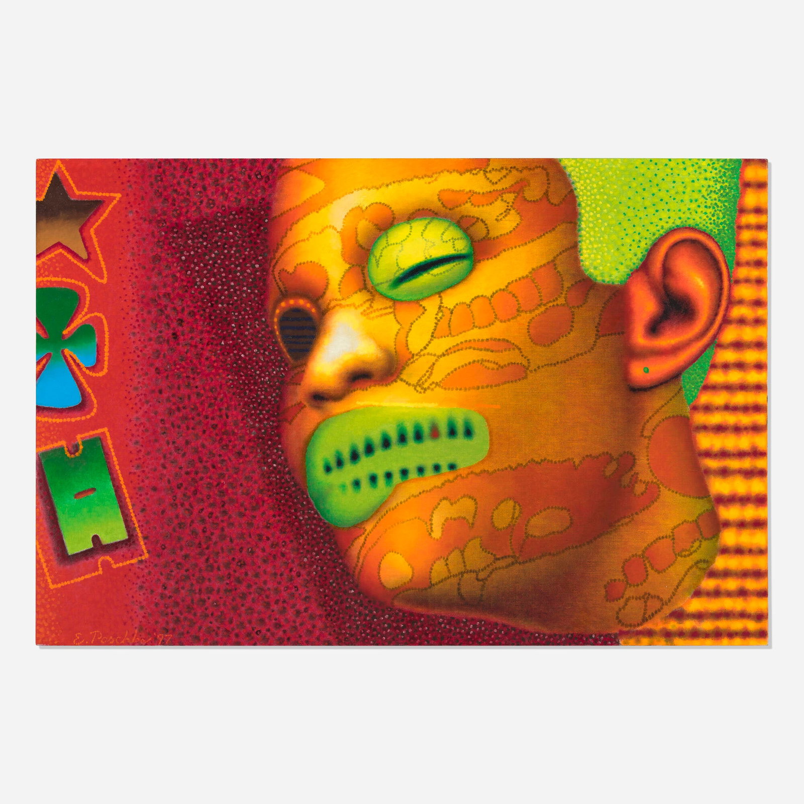 Ed Paschke, Dilio: Ed Paschke Dilio 1997 oil on linen 24 h x 36.125 w in (61 x 92 cm) Signed and dated to lower left 'E. Paschke '97'. Signed, titled, and dated to stretcher bar and upper edge verso