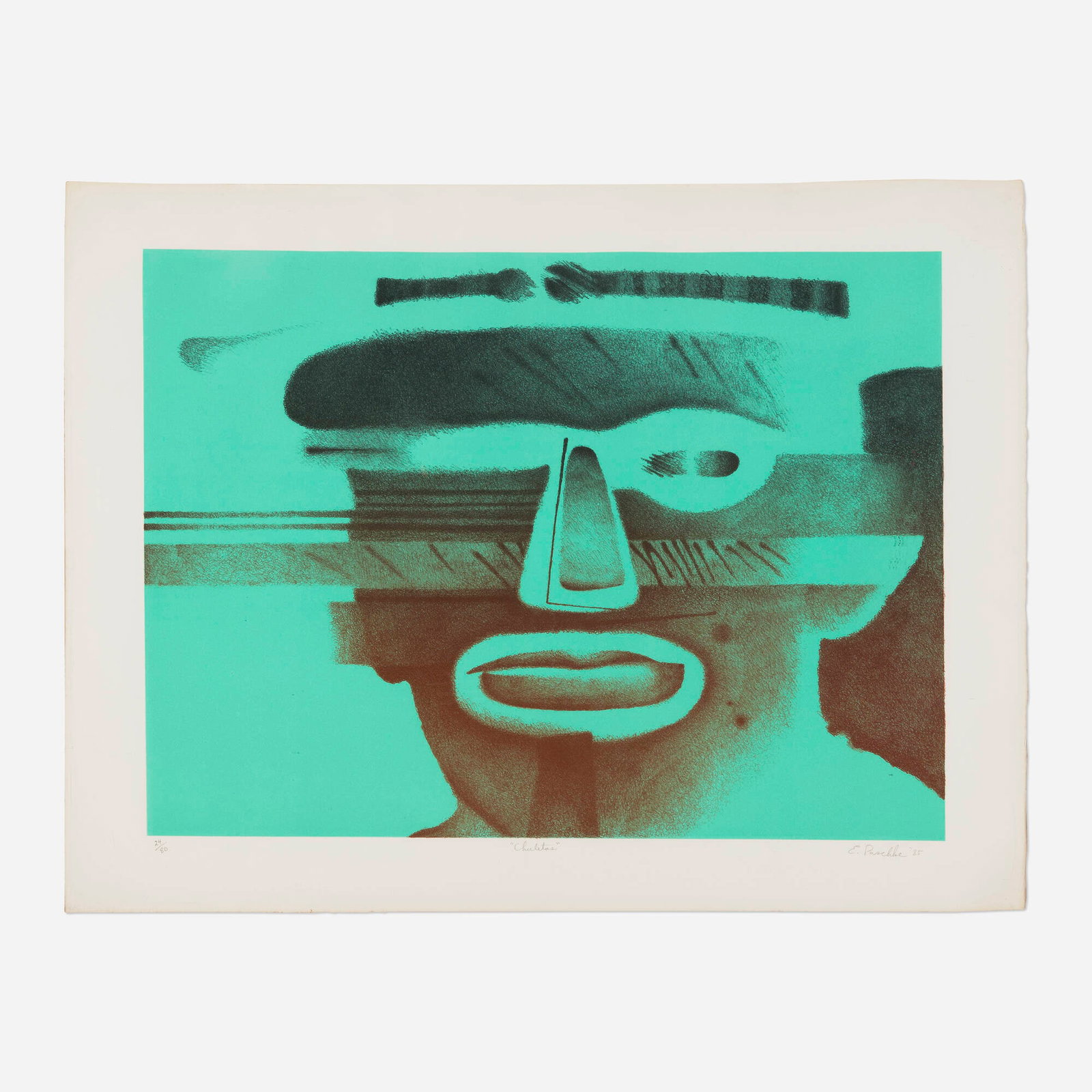 Ed Paschke, Chuletas: Ed Paschke Chuletas 1985 lithograph in colors image: 22.5 h x 30.375 w in (57 x 77 cm) sheet: 28 h x 36.75 w in (71 x 93 cm) Signed, titled, dated, and numbered to lower edge '24/80 Chuletas E. P