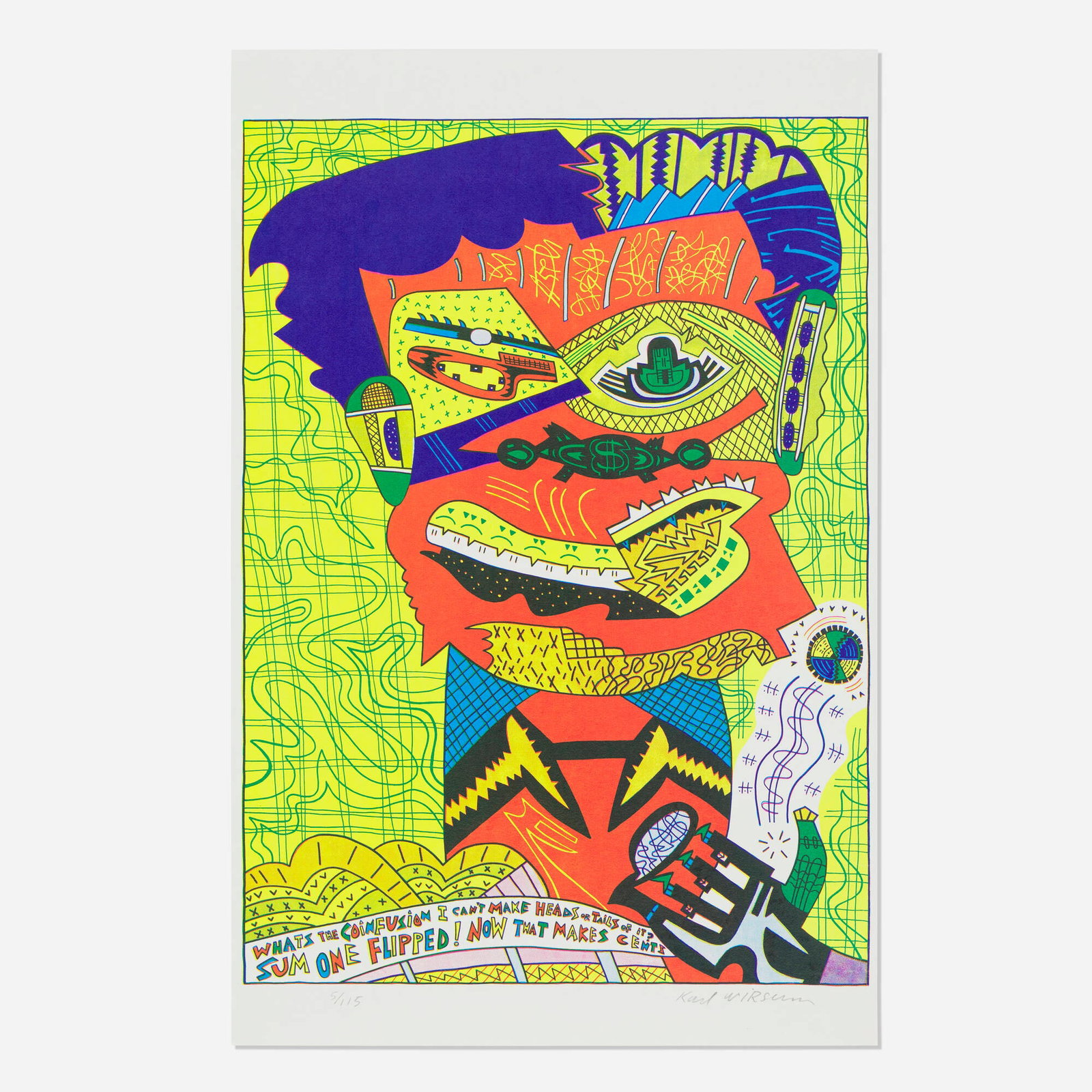 Karl Wirsum, What's the Confusion?: Karl Wirsum What's the Confusion? 1974 screenprint in colors image: 30.5 h x 22 w in (77 x 56 cm) sheet: 35.25 h x 23 w in (90 x 58 cm) Signed and numbered to lower edge '5/115 Karl Wirsum'.
