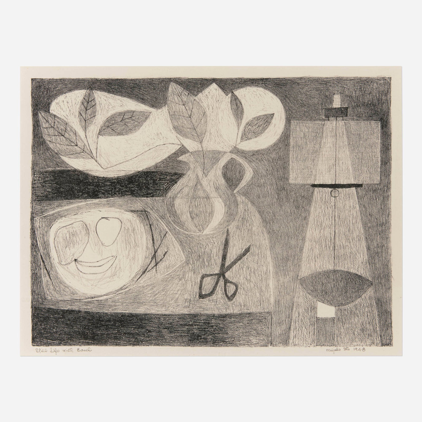 Miyoko Ito, Still Life with Easel: Miyoko Ito Still Life with Easel 1948 lithograph image: 9.25 h x 12.375 w in (23 x 31 cm) sheet: 13.25 h x 17.375 w in (34 x 44 cm) Signed, titled, and dated to lower edge 'Still Life with Easel 