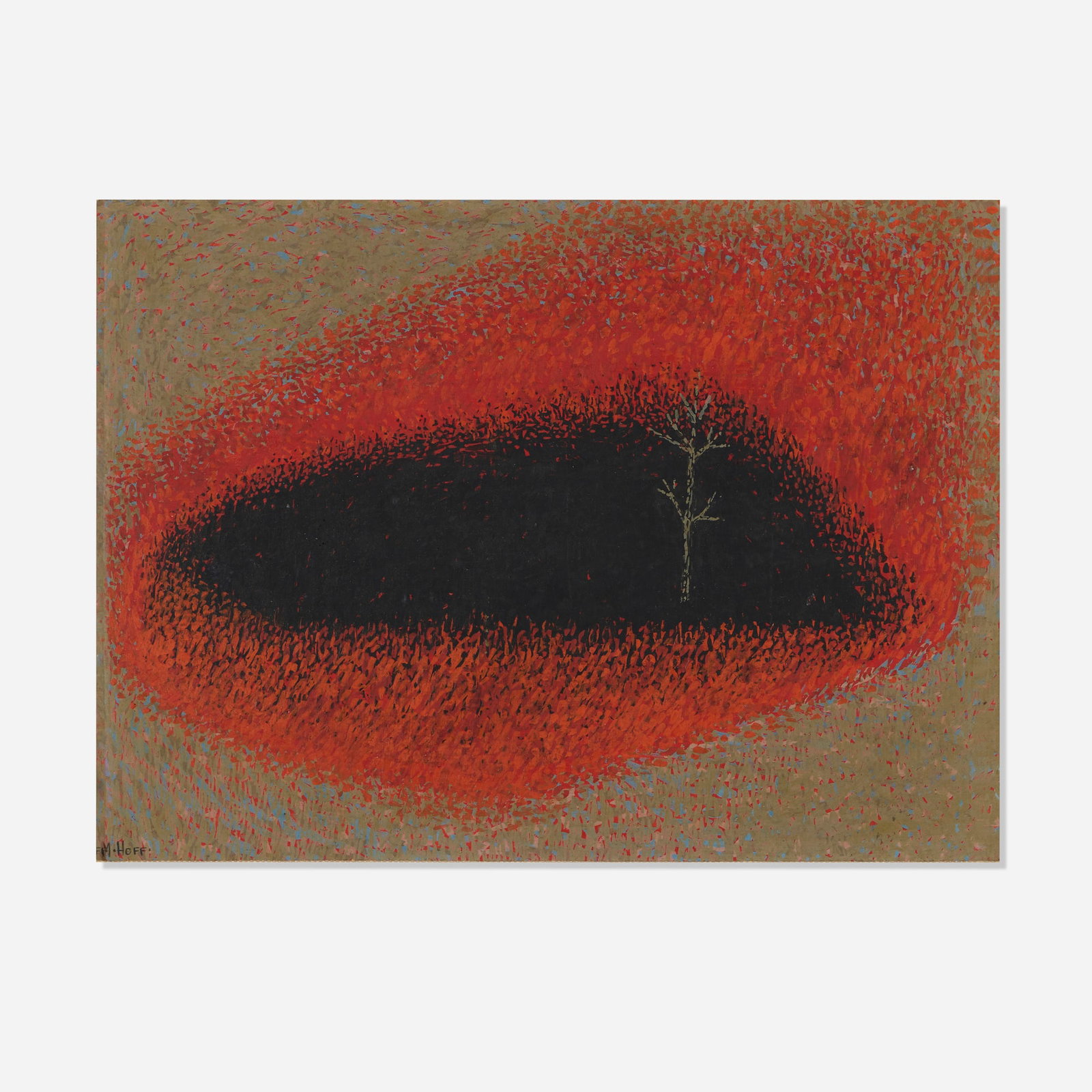 Margo Hoff, Grass Fire: Margo Hoff Grass Fire oil on panel 9 h x 12 w in (23 x 30 cm) Signed to lower left 'M. Hoff'. Signed and titled to verso of backing 'M. Hoff Grass Fire'. Provenance: Estate of
