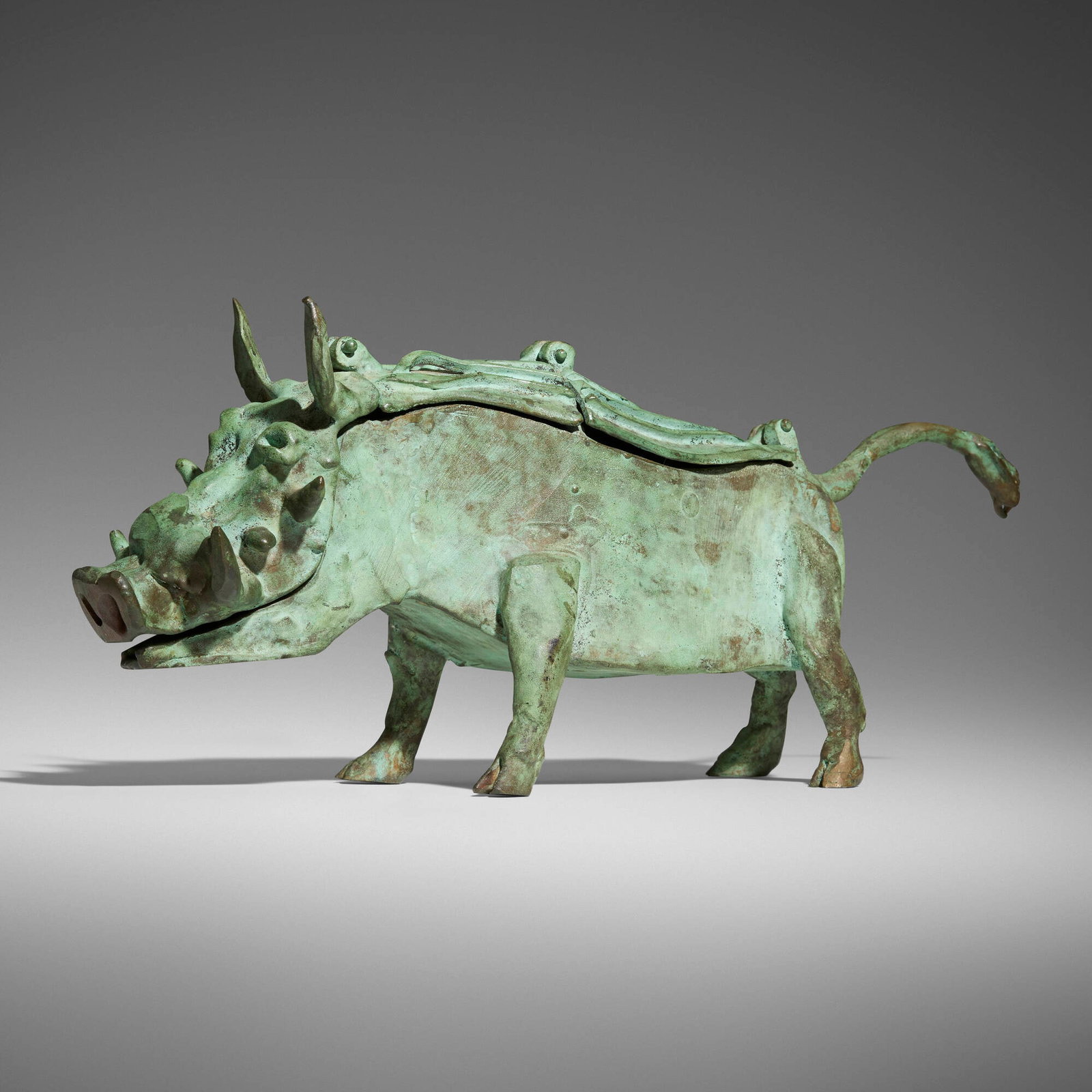 John Kearney, Warthog: John Kearney Warthog patinate bronze 6 h x 3.5 w x 13.5 d in (15 x 9 x 34 cm) Cast signature to proper front left haunch 'Kearney'. Incised inscription to underside '94-4'. Th