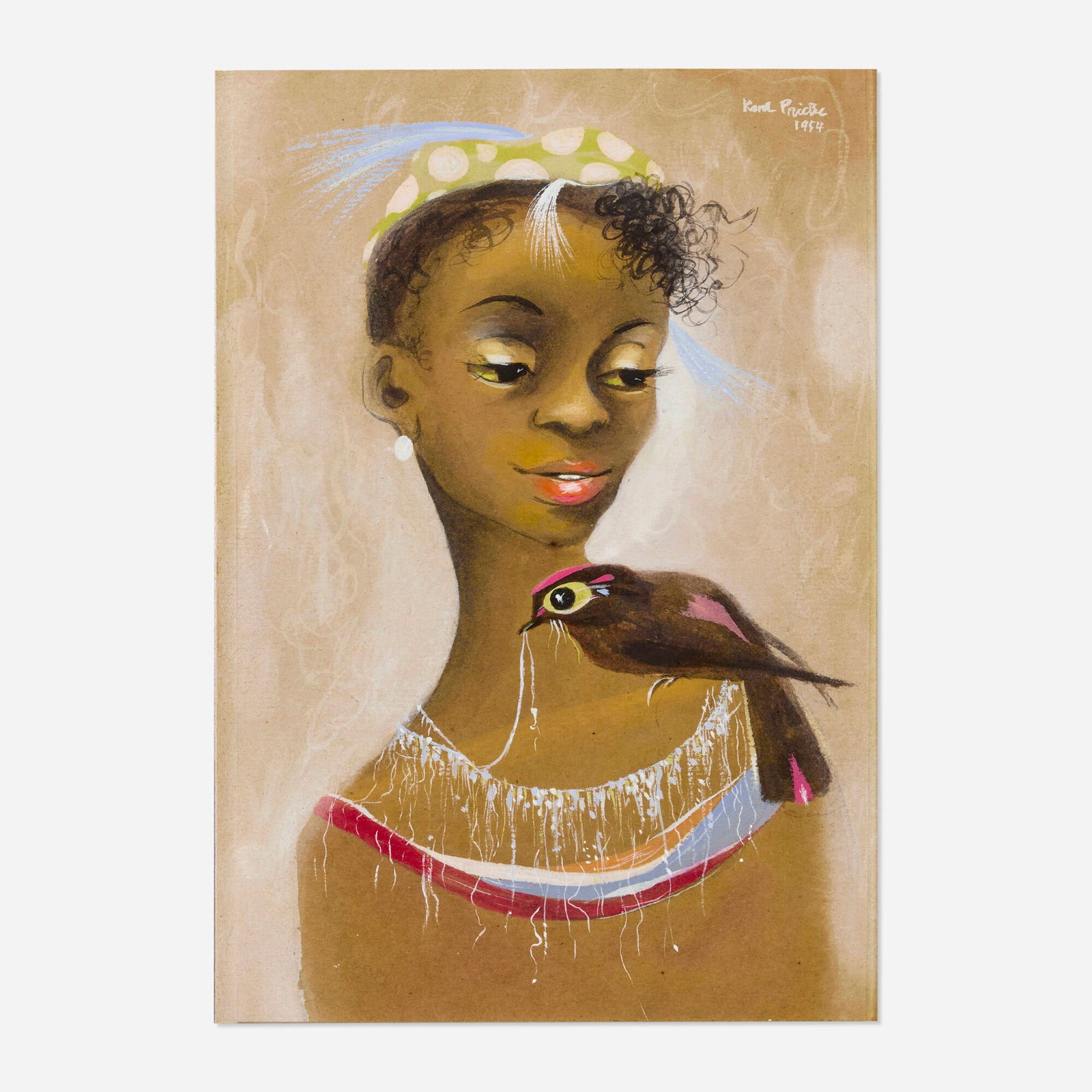 Karl Priebe, Girl and Bird: Karl Priebe Girl and Bird 1954 casein on paperboard 11.375 h x 8 w in (29 x 20 cm) Signed and dated to upper right 'Karl Priebe 1954'. Provenance: Treadway-Toomey Gallery, C