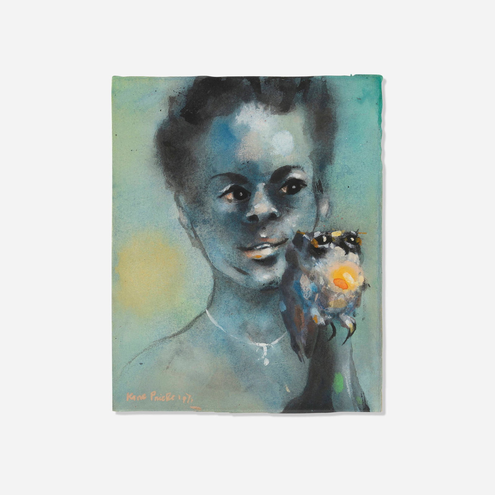 Karl Priebe, Boy with Small Owl: Karl Priebe Boy with Small Owl 1971 watercolor and gouache on paper 10.125 h x 8.125 w in (26 x 21 cm) Signed and dated to lower left 'Karl Priebe 1971'. Provenance: Private Collect