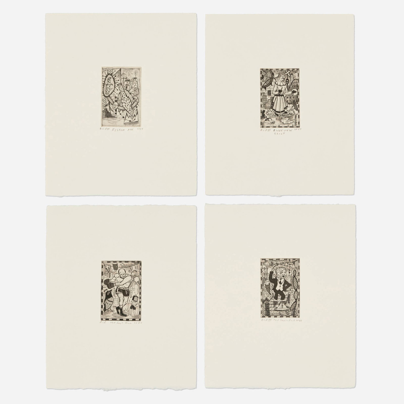 Tony Fitzpatrick, Four works: Tony Fitzpatrick Four works 1997 etching image (each): 3 h x 2 w in (8 x 5 cm) sheet (each): 9.125 h x 7.5 w in (23 x 19 cm) Signed, titled, dated, and numbered to lower edge of each work 'B.C.P.